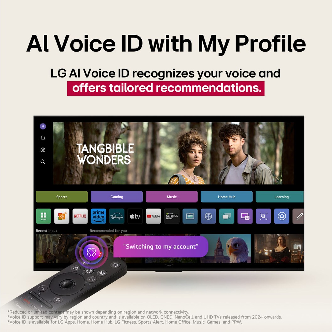Schermo TV LG che mostra AI Voice ID, con una coppia sullo sfondo. Telecomando in primo piano. Vengono visualizzate molte icone di app.
