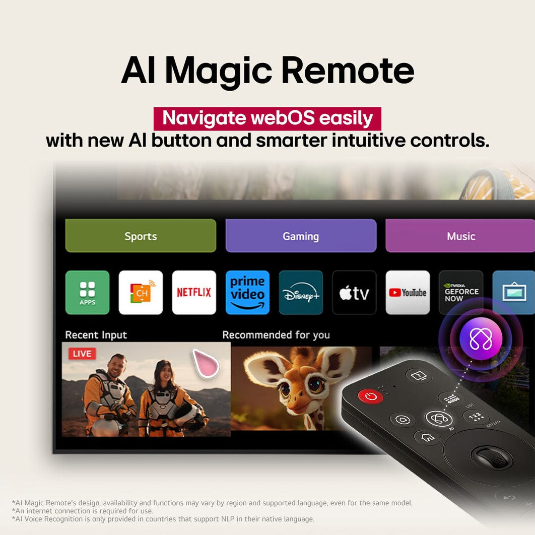 Uno schermo TV con l'AI Magic Remote. Mostra Sport, Giochi, Musica, Netflix, Disney+, app e altre opzioni di streaming.