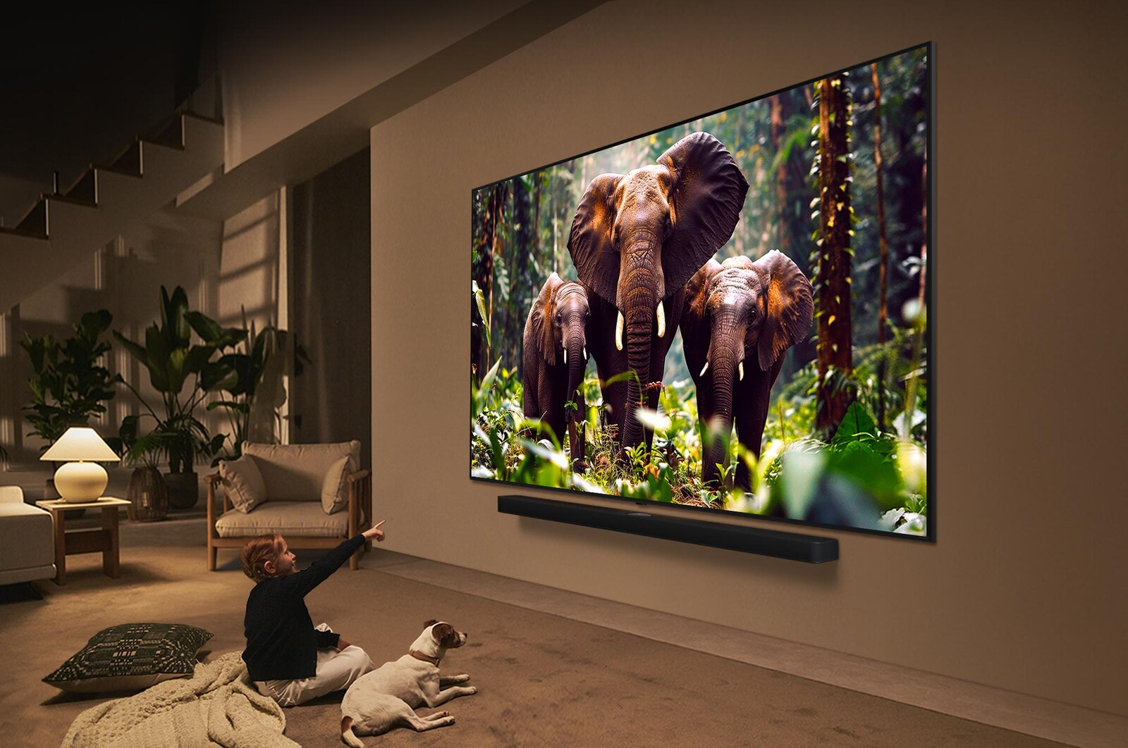 Un ragazzo indica una TV con elefanti nella giungla. Un cane è vicino. Una soundbar è sotto la TV.