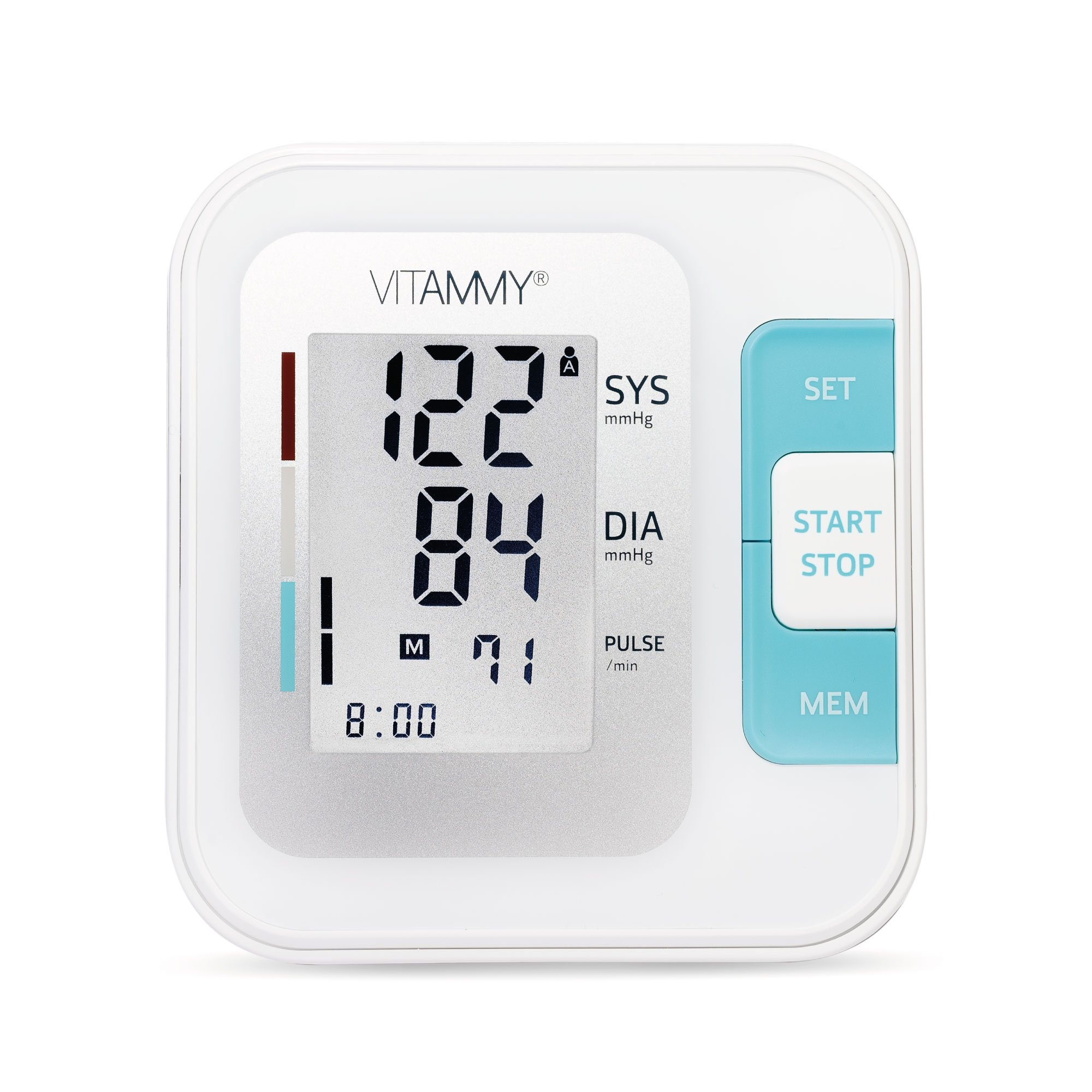 Cyfrowy monitor ciśnienia krwi pokazuje odczyty: 122/84, puls 71 i czas 8:00. Ma przyciski ustawień, start/stop i pamięci.