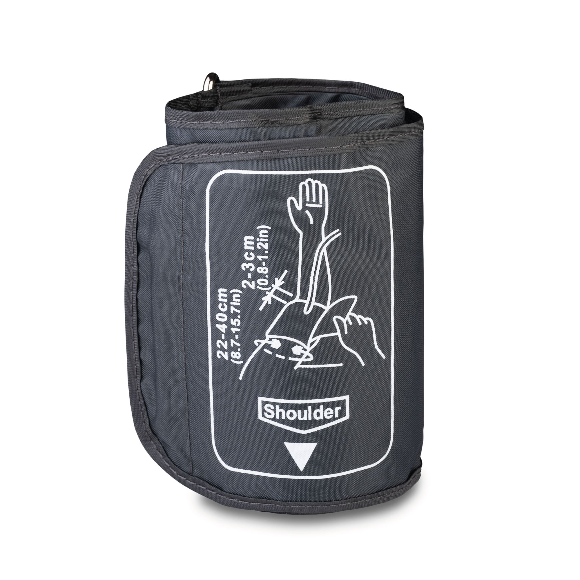 Zwinięty, szary mankiet do pomiaru ciśnienia krwi z diagramem i tekstem wskazującym umiejscowienie na ramieniu. Białe tło.