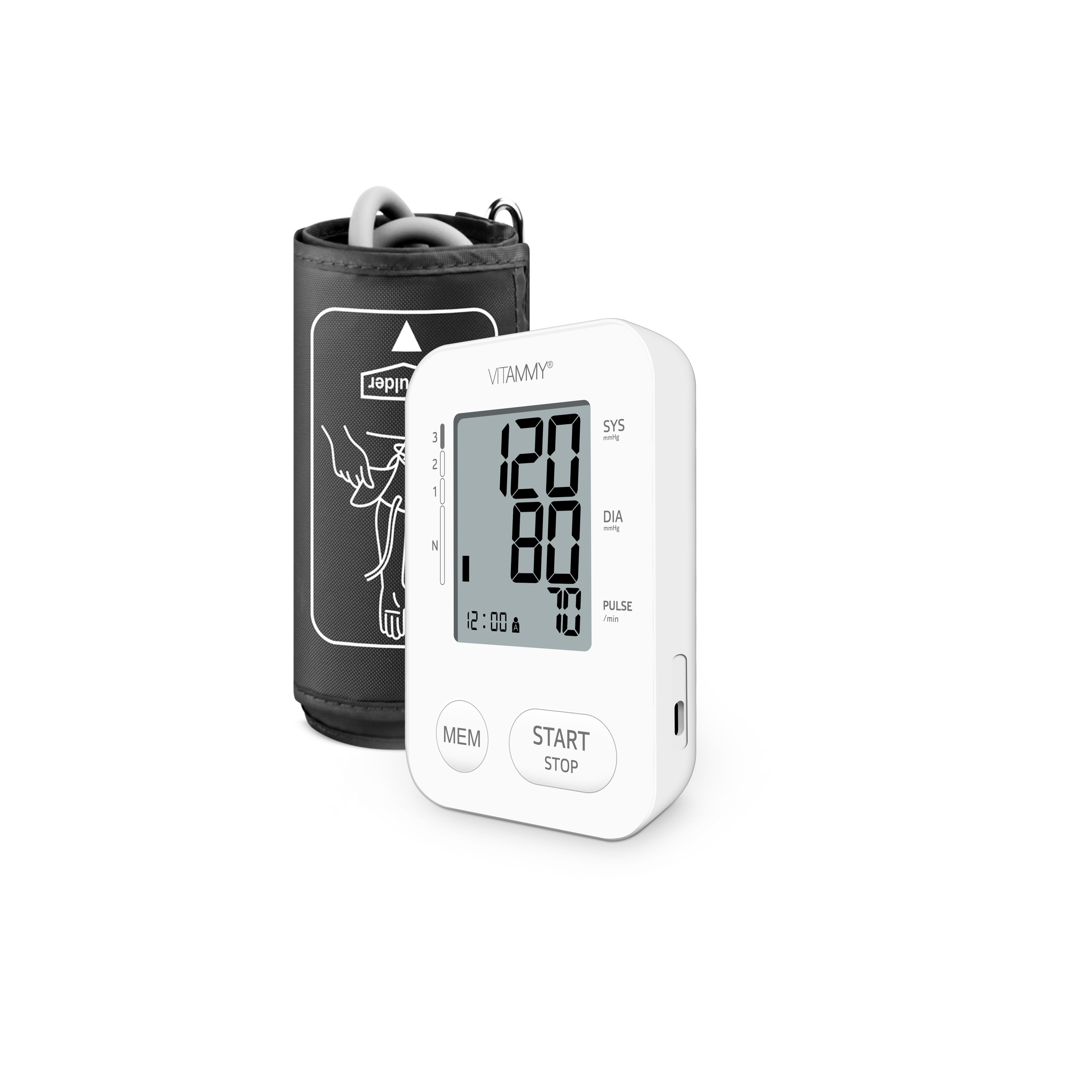 Biały ciśnieniomierz z czarnym mankietem. Wyświetlacz pokazuje odczyty. Mankiet jest po lewej stronie.