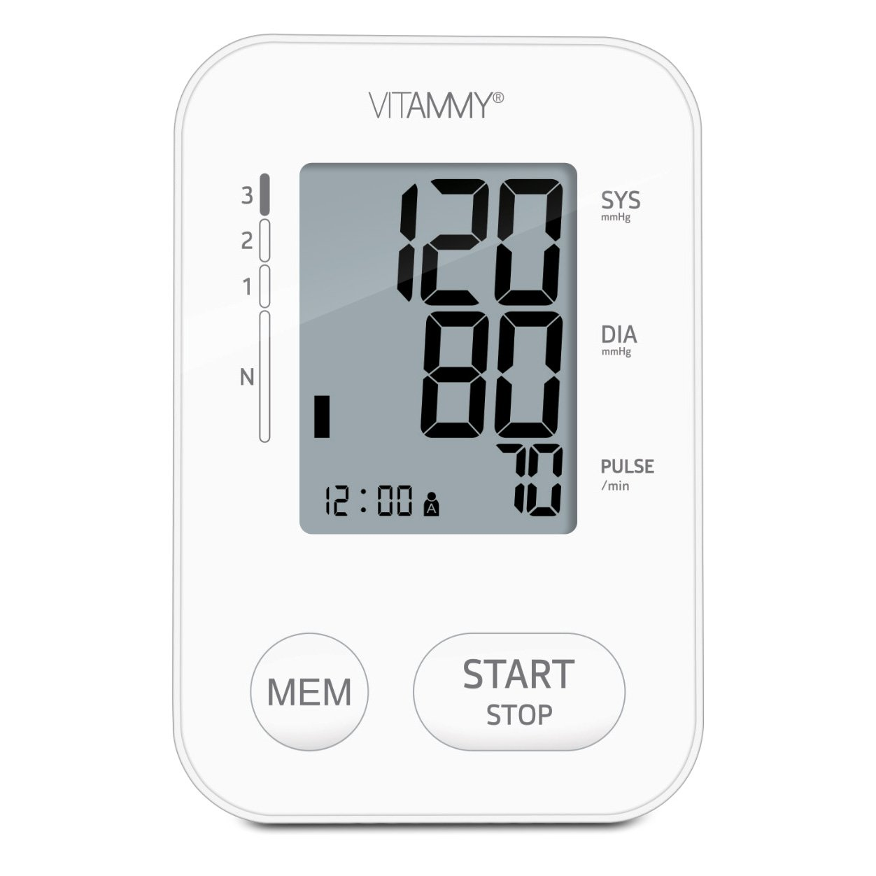 Biały ciśnieniomierz wyświetla 120/80, puls 70 i godzinę 12:00. Posiada przyciski MEM i START/STOP.