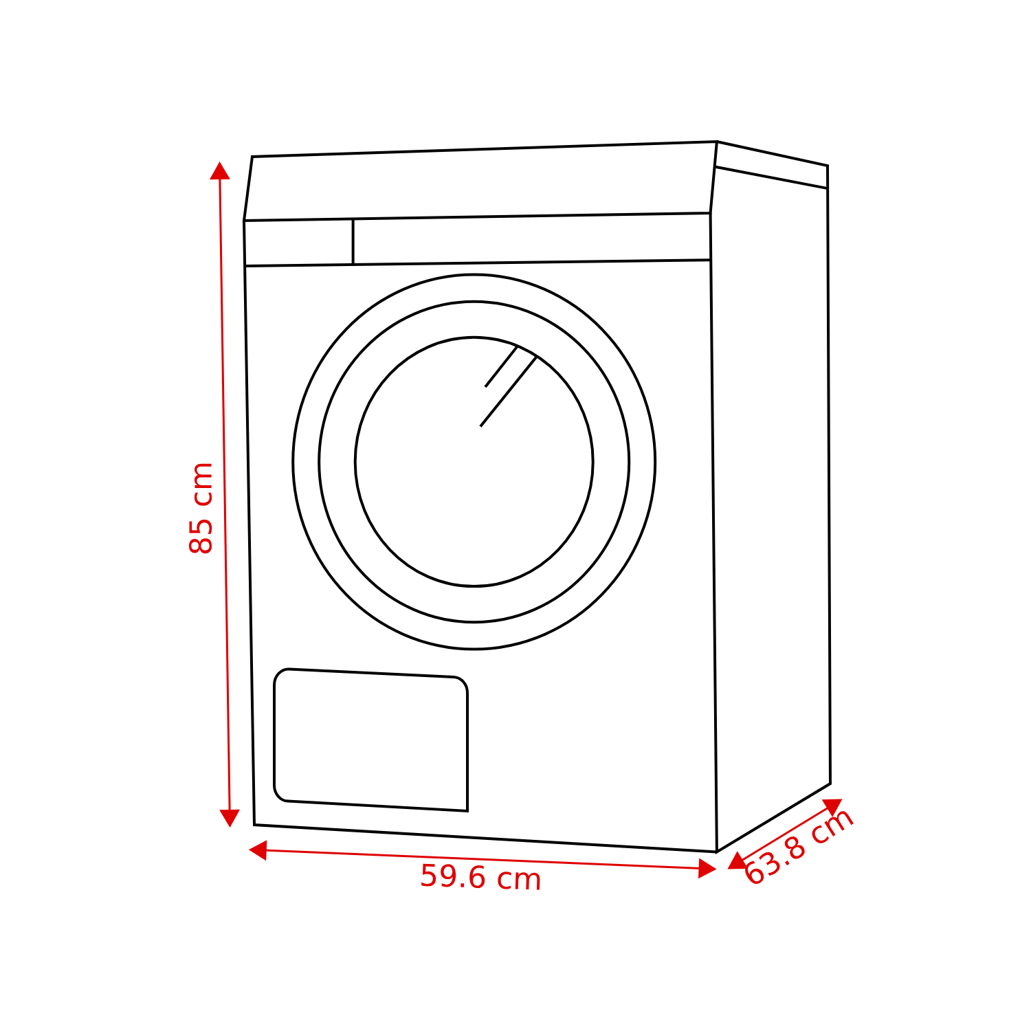 Een lijntekening van een wasmachine met afmetingen in centimeters: 85 cm hoog, 59,6 cm breed en 63,8 cm diep.