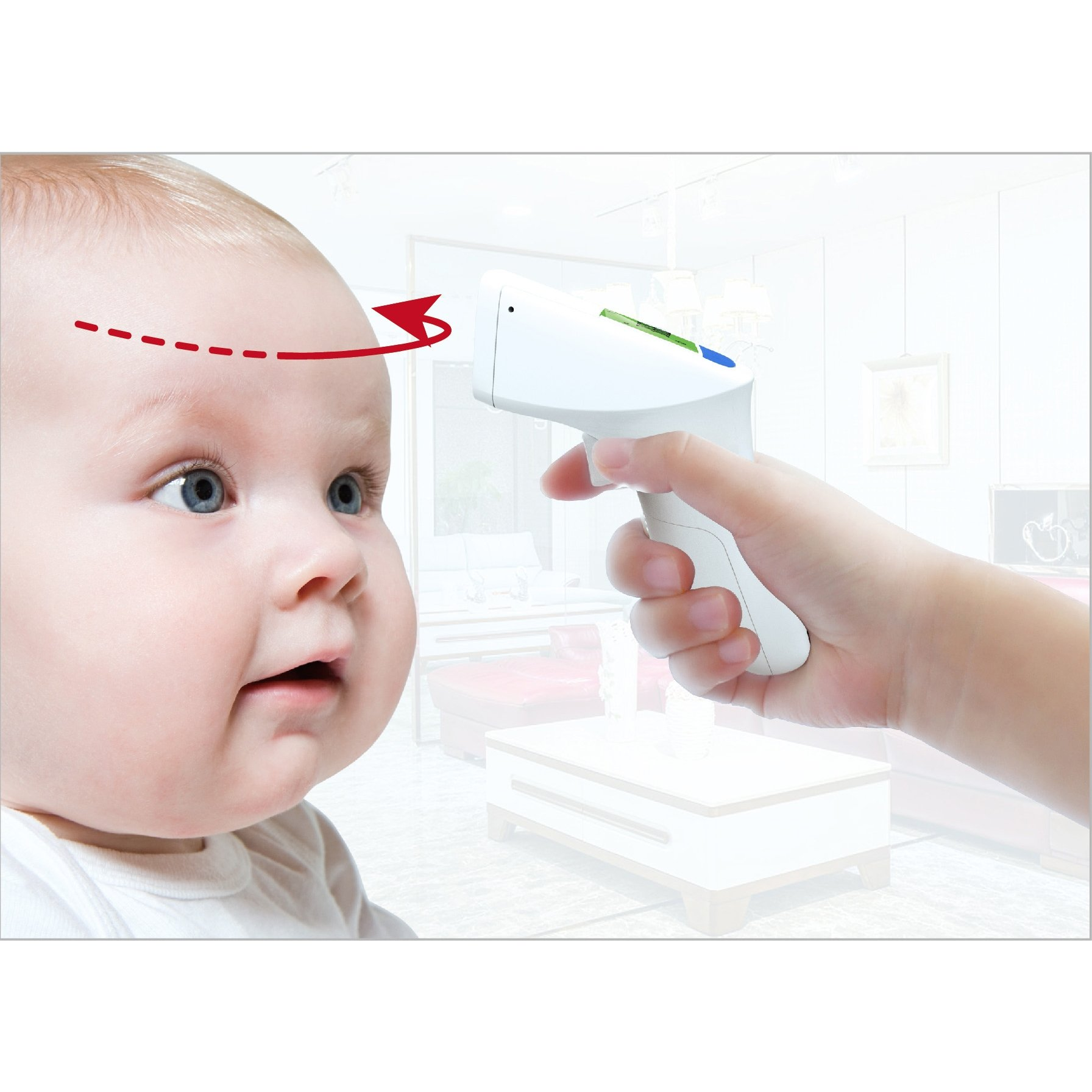 Czoło dziecka mierzone jest termometrem. Czerwona strzałka pokazuje kierunek pomiaru. Dziecko patrzy na termometr.