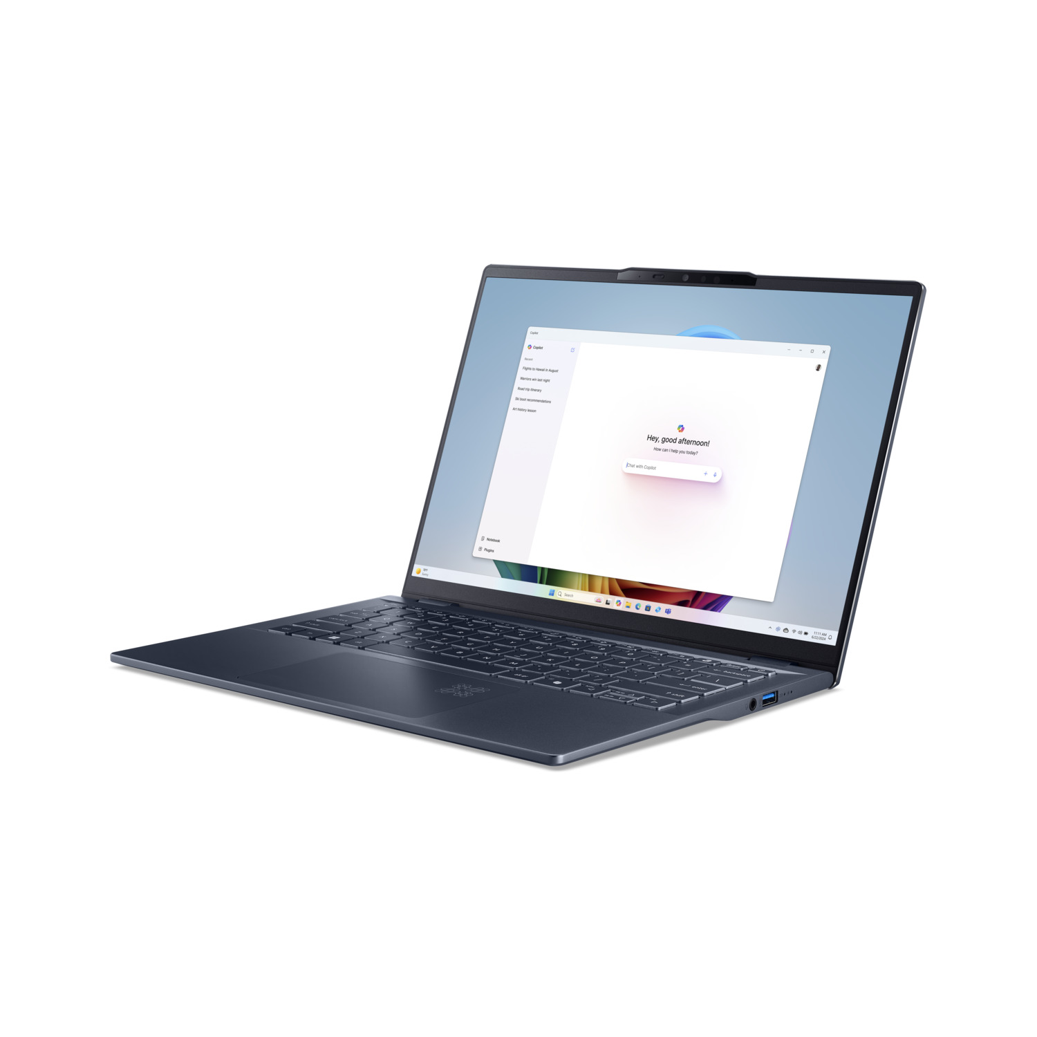 A blue laptop is open, displaying a chat interface that says 'Hey, good afternoon!' on a white background.