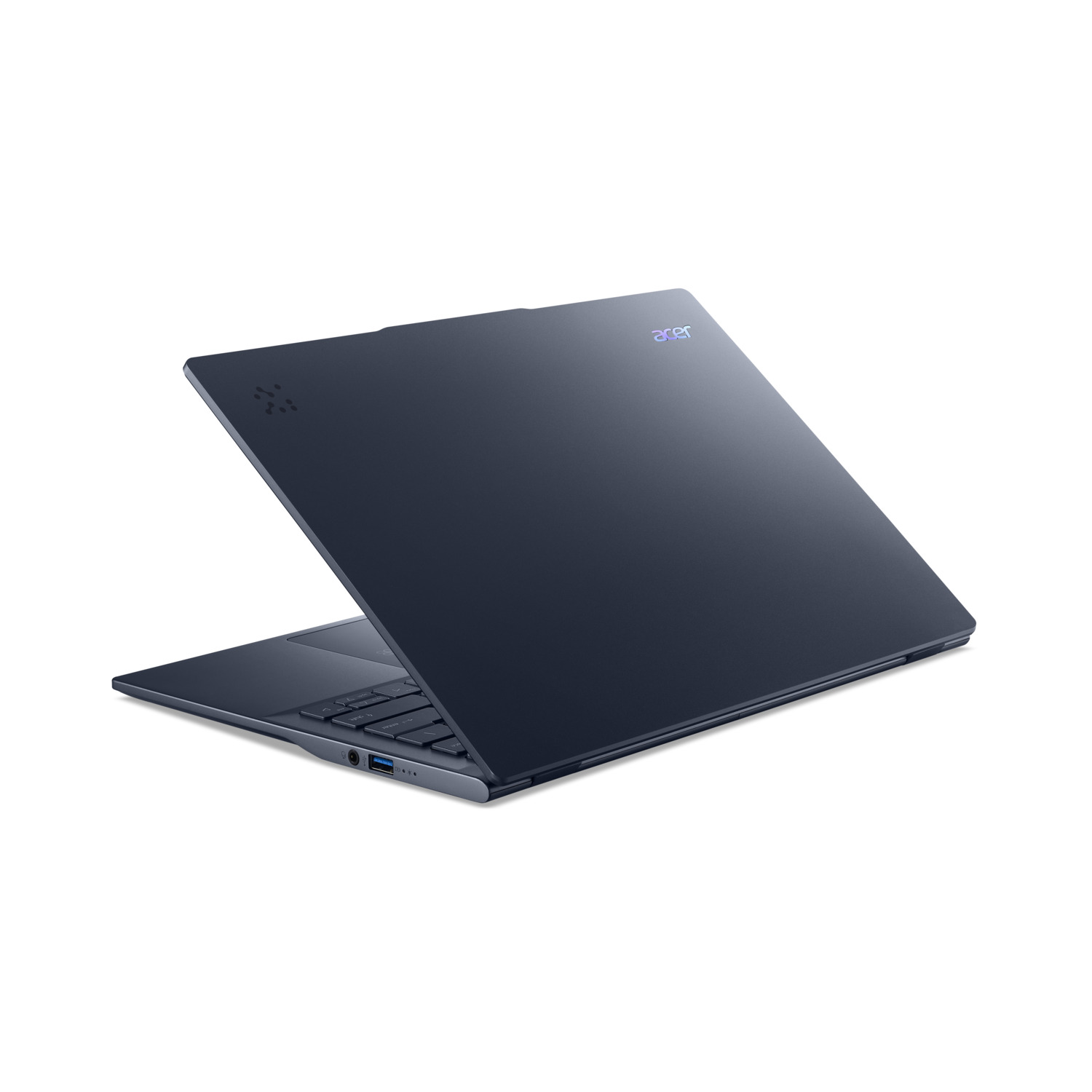 A dark blue Acer laptop is slightly open. The keyboard is visible. The Acer logo is on the top cover. Background is white.