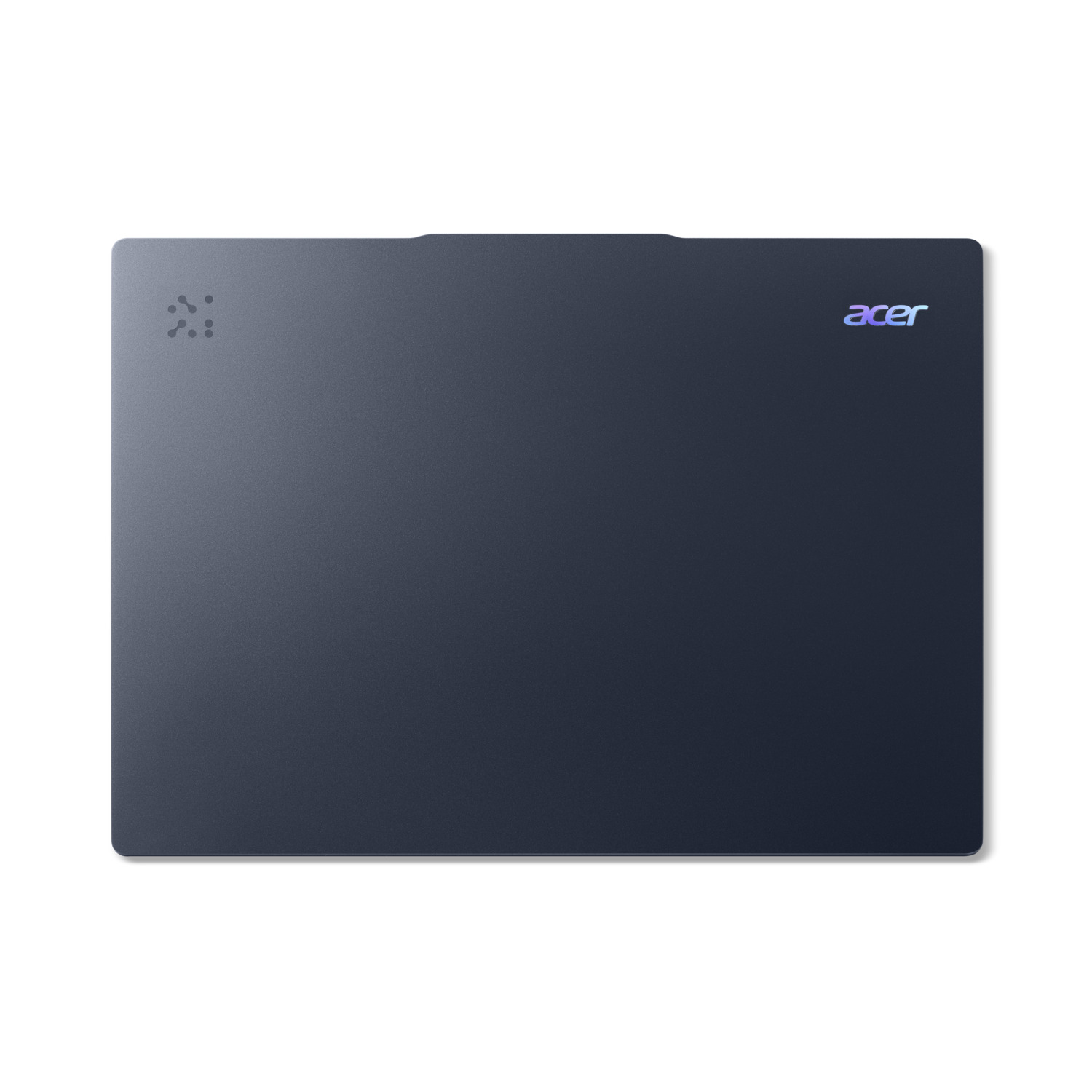 The back of a dark blue laptop is shown. The Acer logo is on the right, and a symbol on the left. The background is white.