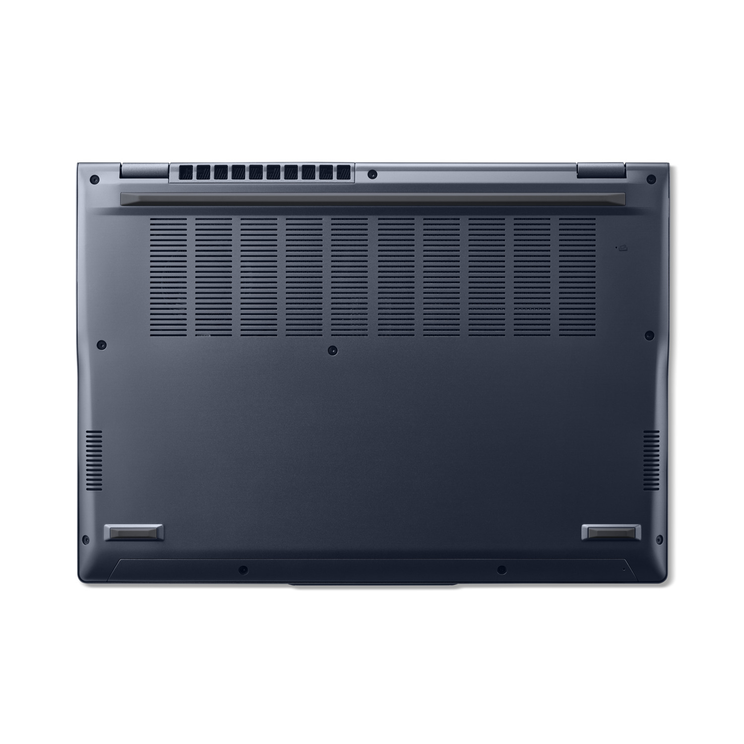 A dark blue laptop underside. Features vents, screws, and rectangular ports. Background is white.