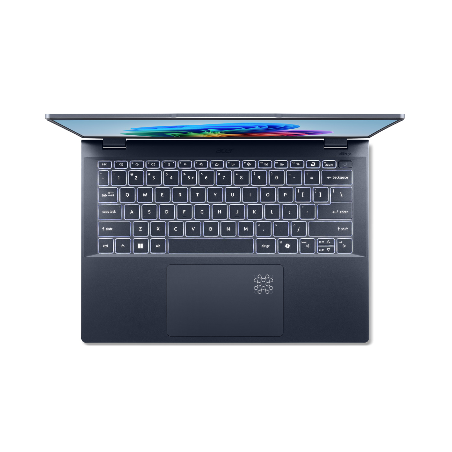 A dark blue Acer laptop with its screen open. The keyboard is visible with white backlit keys. The screen displays a colorful image.