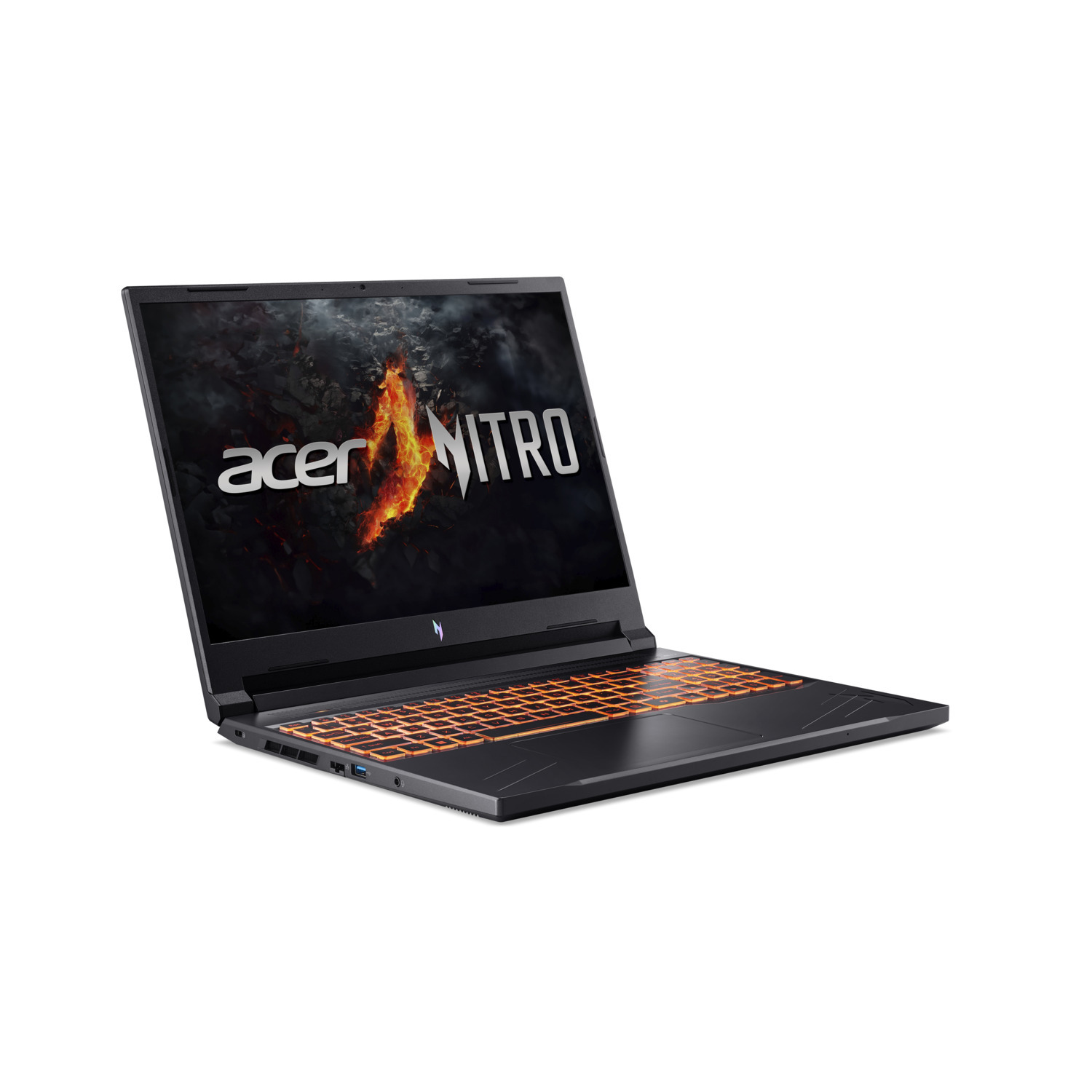 A black Acer Nitro laptop is shown, open and angled. The screen displays the Acer Nitro logo with a fiery graphic. The keyboard glows orange.