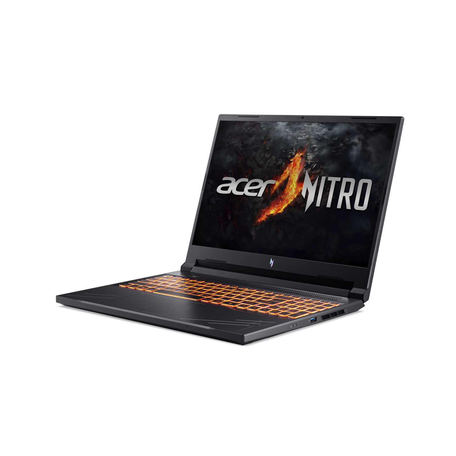 A black Acer Nitro laptop is open, showing a fiery logo on the screen. The keyboard glows orange. The background is white.