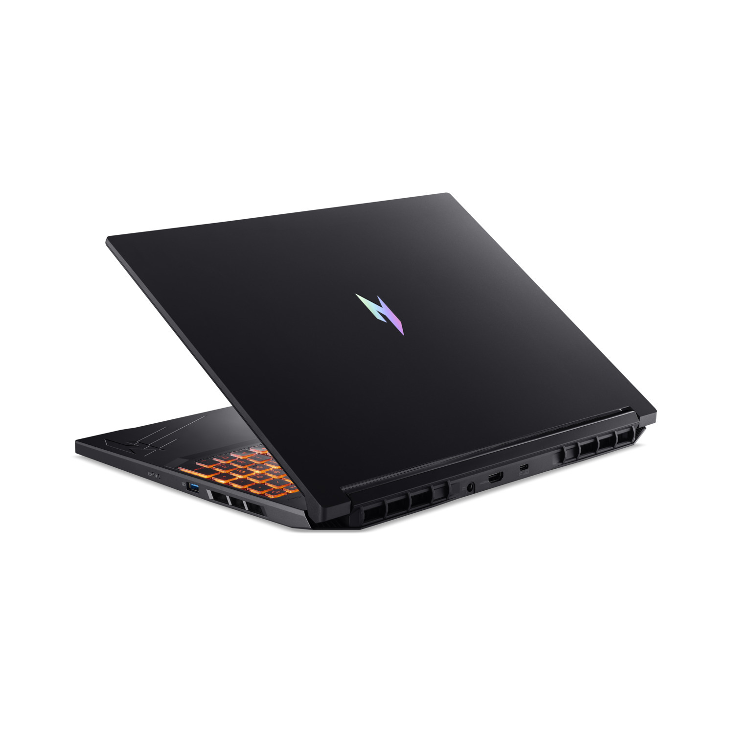Black laptop on white background, partially open. Orange keyboard lights visible. Laptop lid has colorful logo on top.