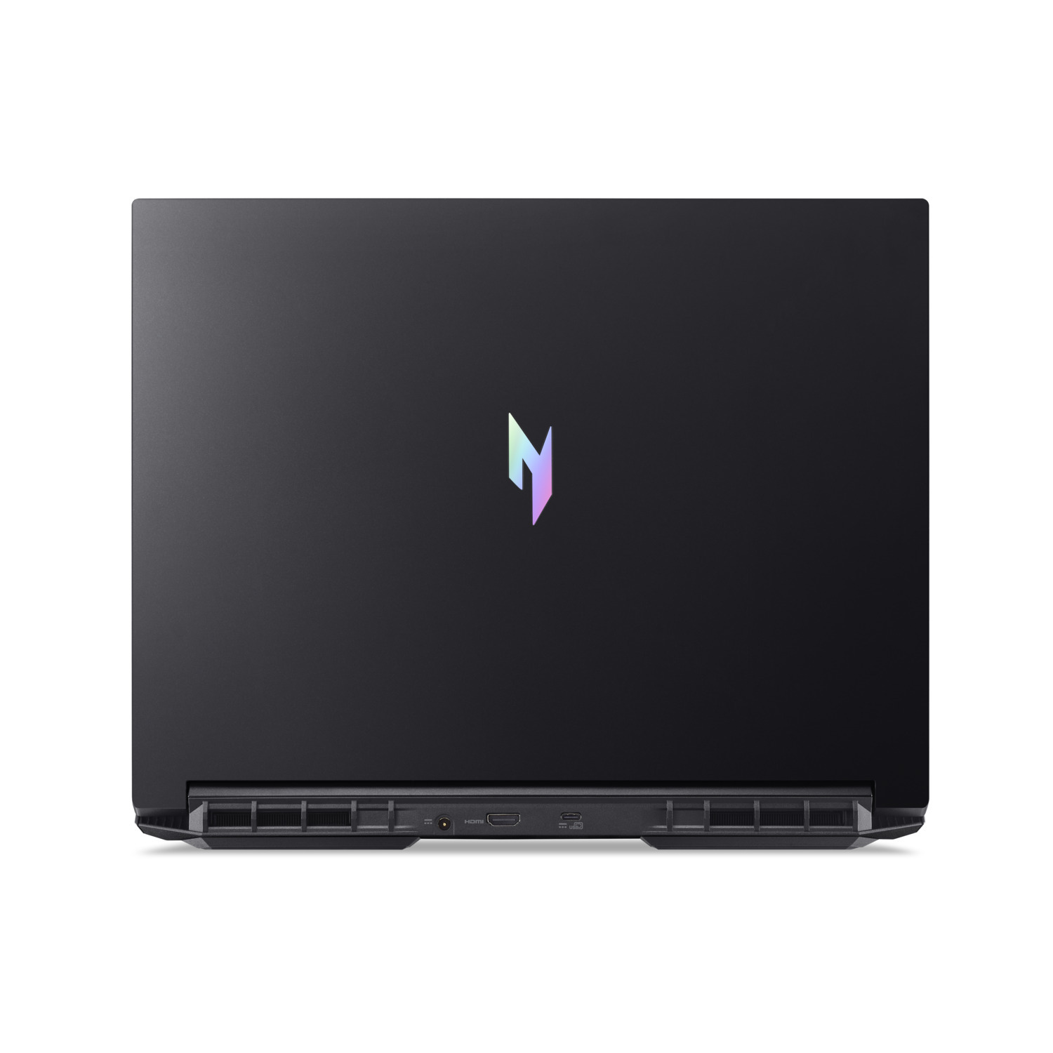 Black laptop, top view, with a multi-colored logo. The bottom edge has vents and ports.