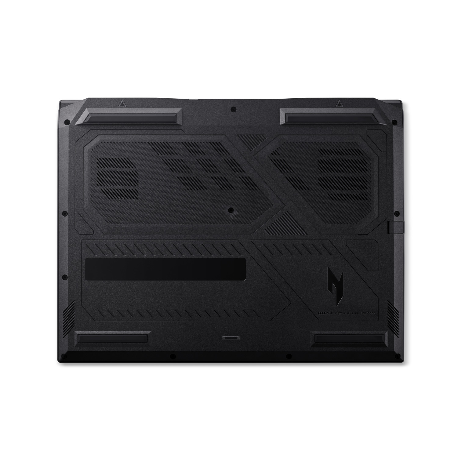 A black laptop base is shown. It has vents, a logo, and text that reads 'VICTORY STARTS HERE'. Isolated on white.
