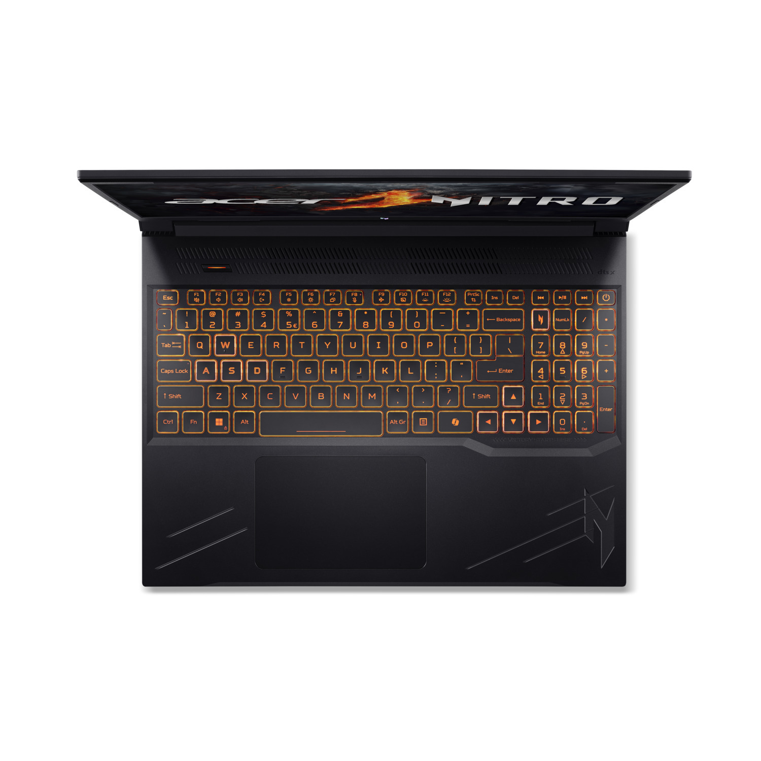 Black laptop with orange backlit keyboard. Acer Nitro logo is visible. The screen is open. White background.