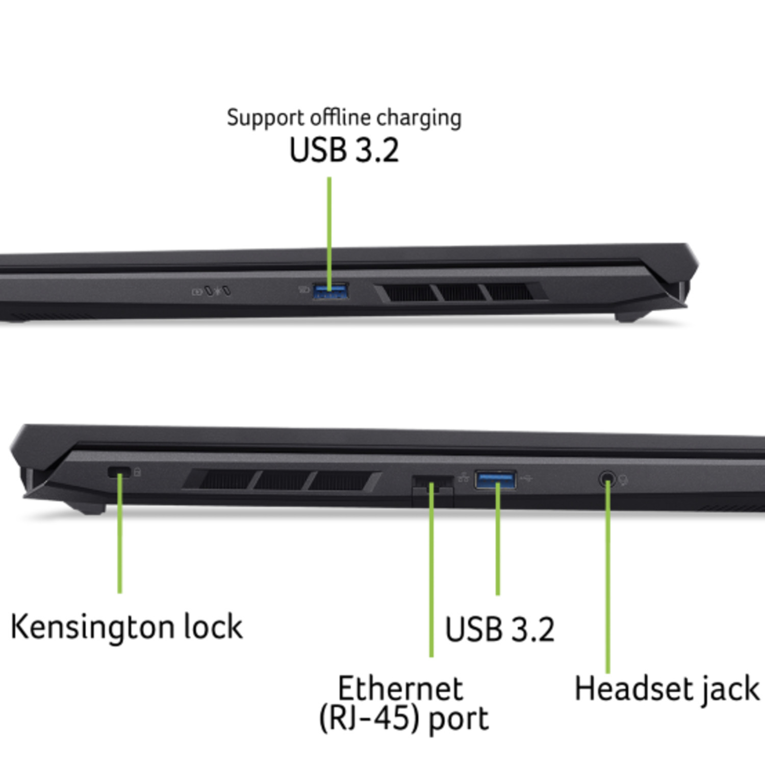 Two black laptop sides show USB ports, Kensington lock, Ethernet port, and headset jack with labels. A white background.