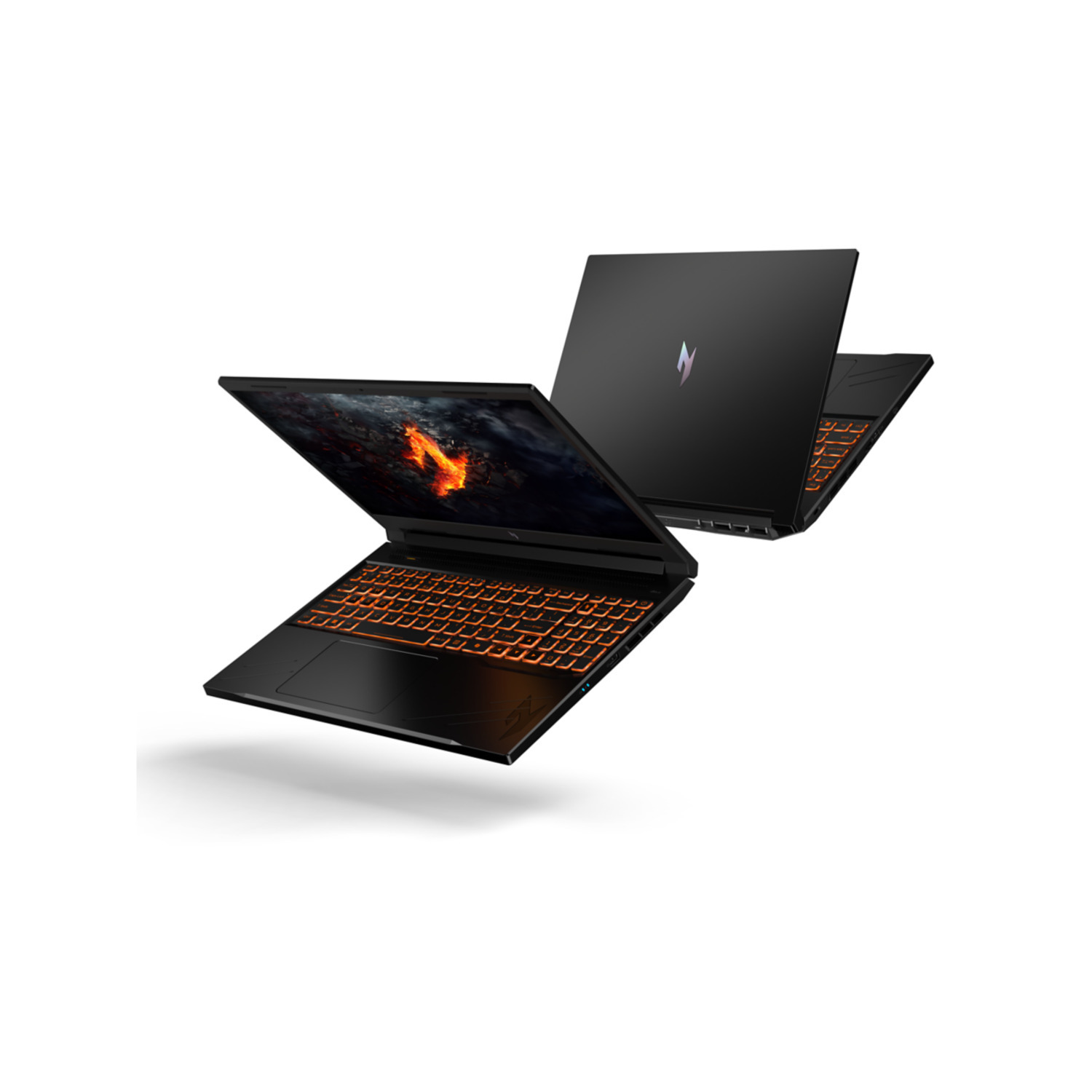 Two black laptops are displayed. One is open, showcasing a fiery screen. The other is closed, displaying a logo on its back.