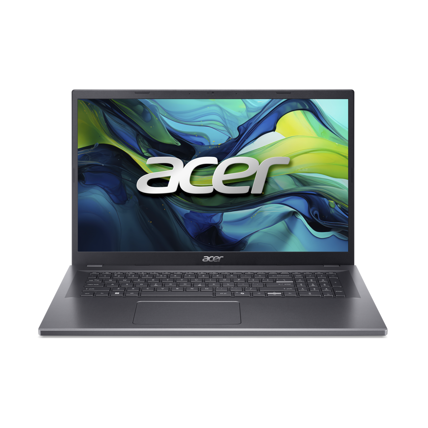 Un ordinateur portable Acer argenté est ouvert sur un fond noir. L'écran affiche le logo Acer et un design abstrait coloré.
