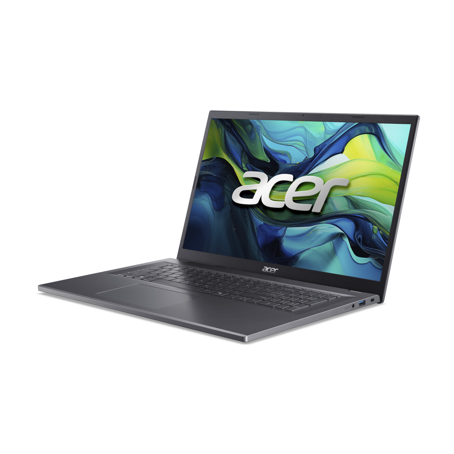 Un ordinateur portable Acer argenté est ouvert. L'écran affiche un design abstrait coloré avec le logo Acer. Le fond est blanc.