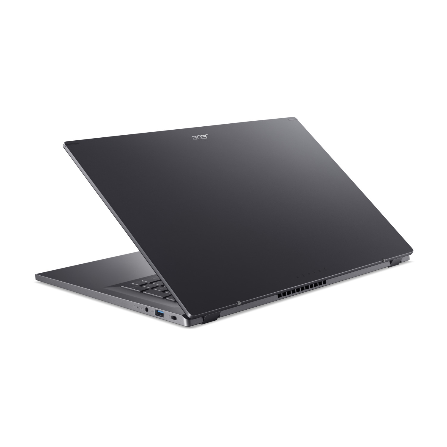 Un ordinateur portable Acer gris foncé est légèrement ouvert, montrant le clavier et l'écran. Le fond est blanc.