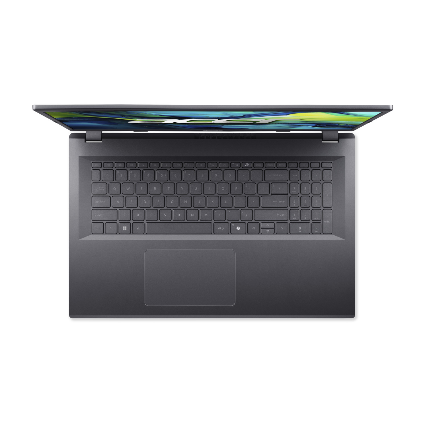 Vue de dessus d'un ordinateur portable gris foncé, ouvert. L'écran affiche un motif abstrait coloré. Le clavier et le pavé tactile sont visibles.