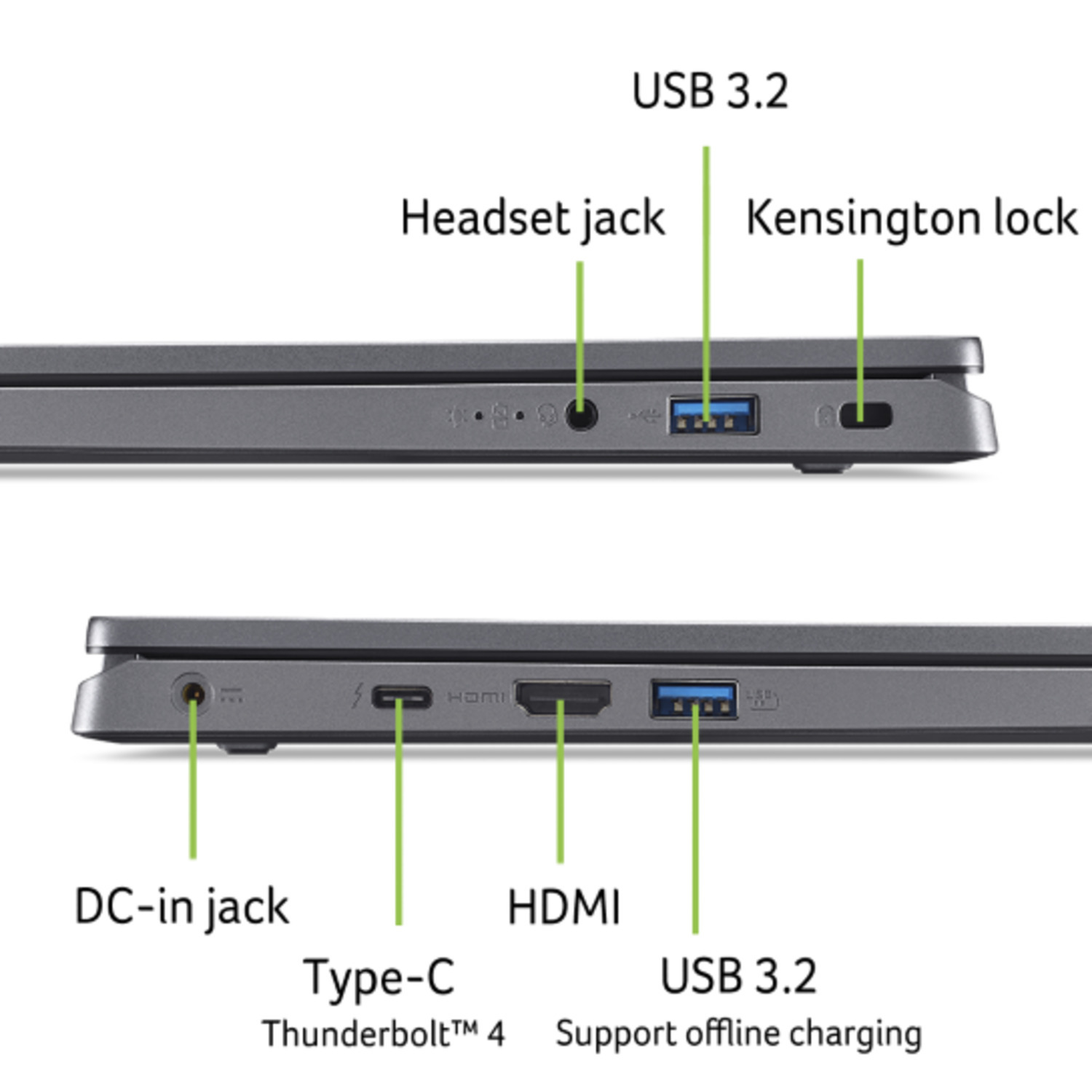 Côtés d'ordinateur portable avec ports : prise casque, USB 3.2, verrou Kensington, entrée CC, Type-C, HDMI et USB 3.2.