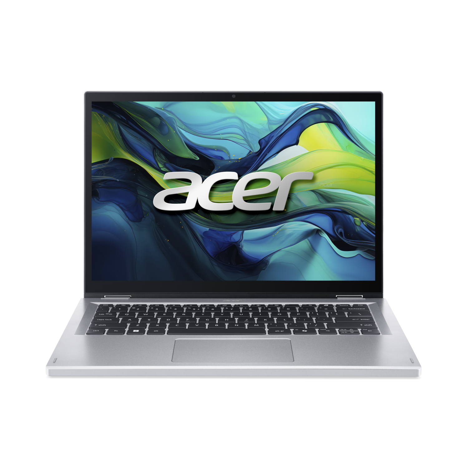 Zilveren Acer-laptop op zwarte achtergrond. Het scherm toont abstracte kunst met het Acer-logo.