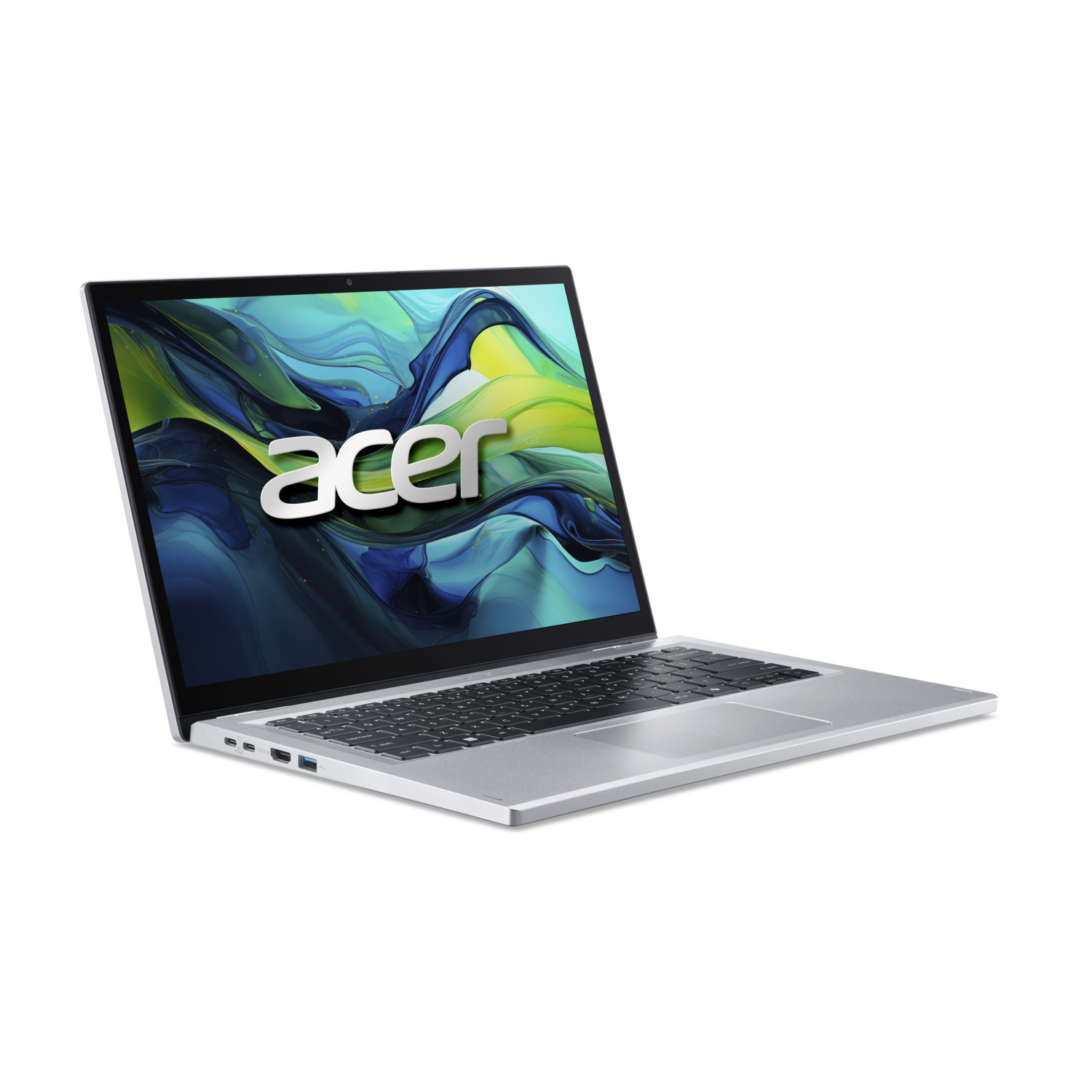 Zilveren Acer laptop open, schuine weergave. Scherm toont Acer-logo en abstract ontwerp. Toetsenbord en touchpad zichtbaar. Witte achtergrond.