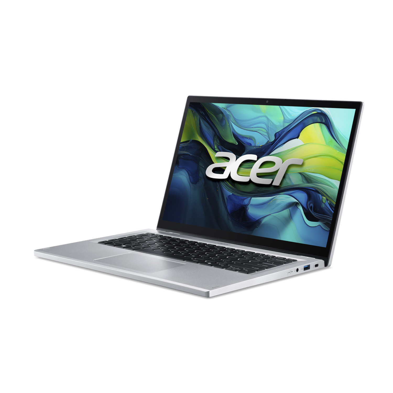 Zilveren Acer-laptop, open en schuin. Scherm toont Acer-logo en abstracte kunst. Toetsenbord en touchpad zichtbaar. Geïsoleerd op wit.
