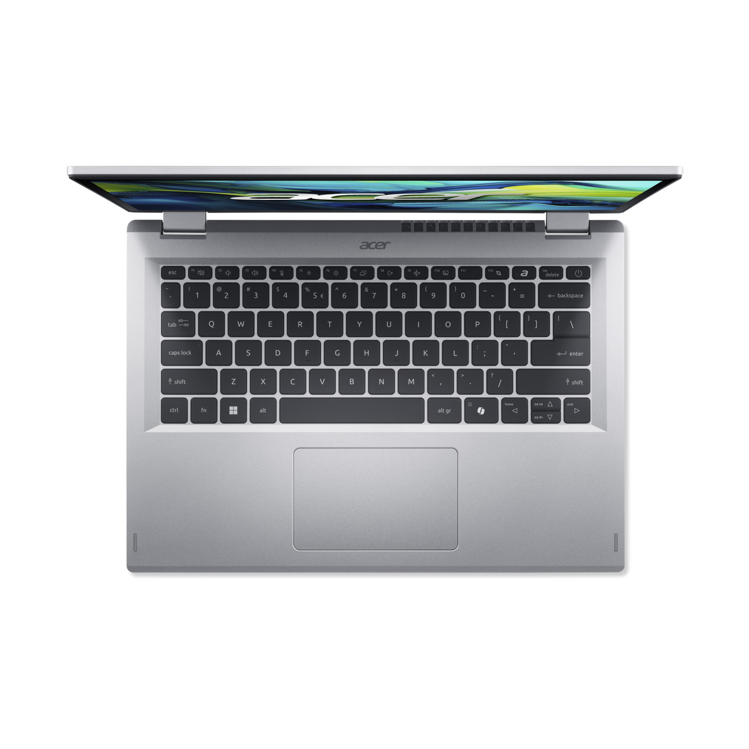 Bovenaanzicht van een zilveren Acer laptop, scherm iets open. Toetsenbord zichtbaar, met touchpad eronder en witte achtergrond.