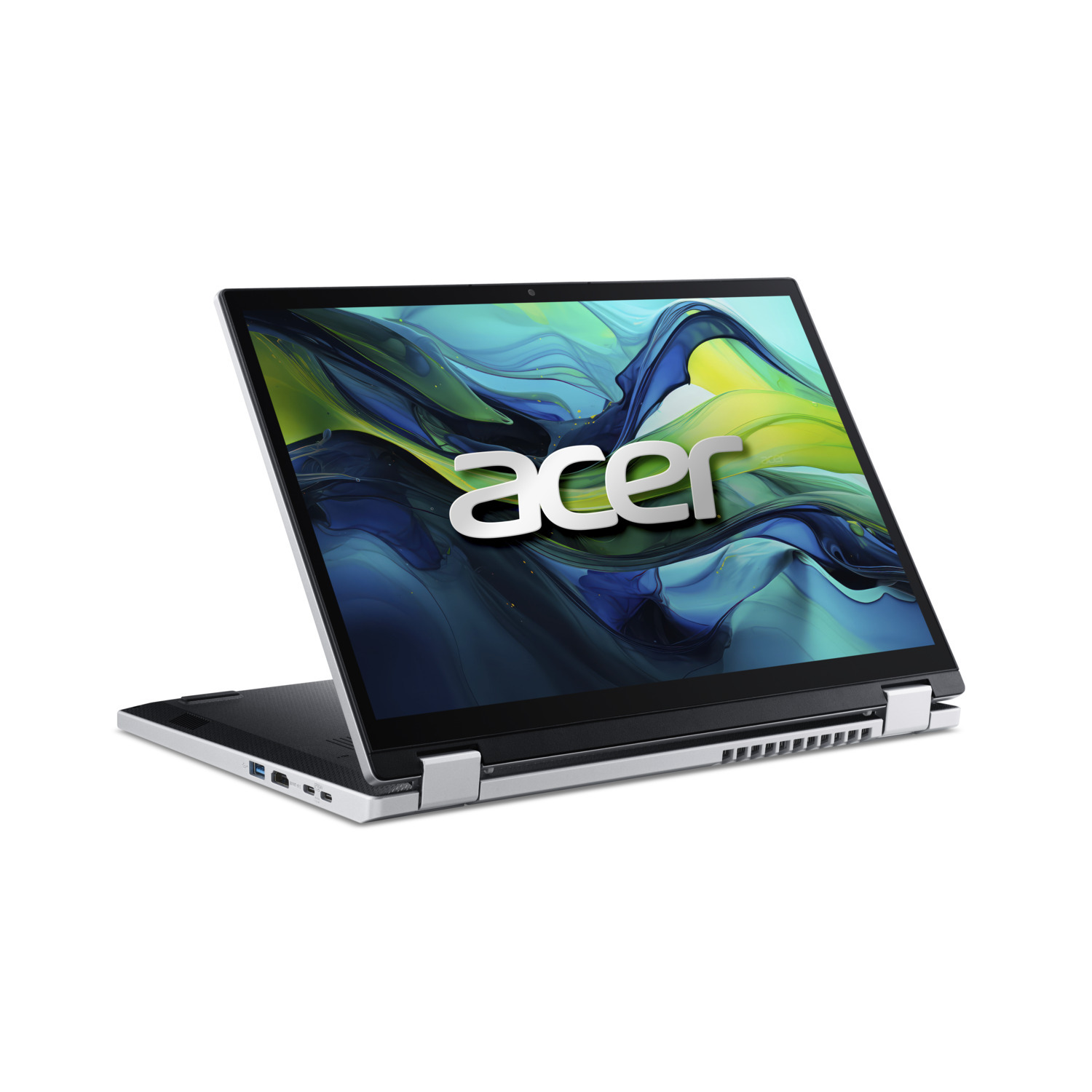 Zilveren Acer-laptop, scherm open, met abstracte blauwe en groene kunst. Het Acer-logo is zichtbaar. De achtergrond is wit.