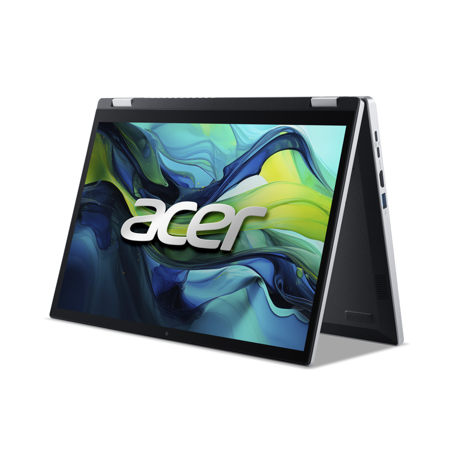 Een Acer laptop, scherm toont abstracte blauwe en groene kunst, is gedeeltelijk open. Het Acer-logo is zichtbaar. De achtergrond is wit.