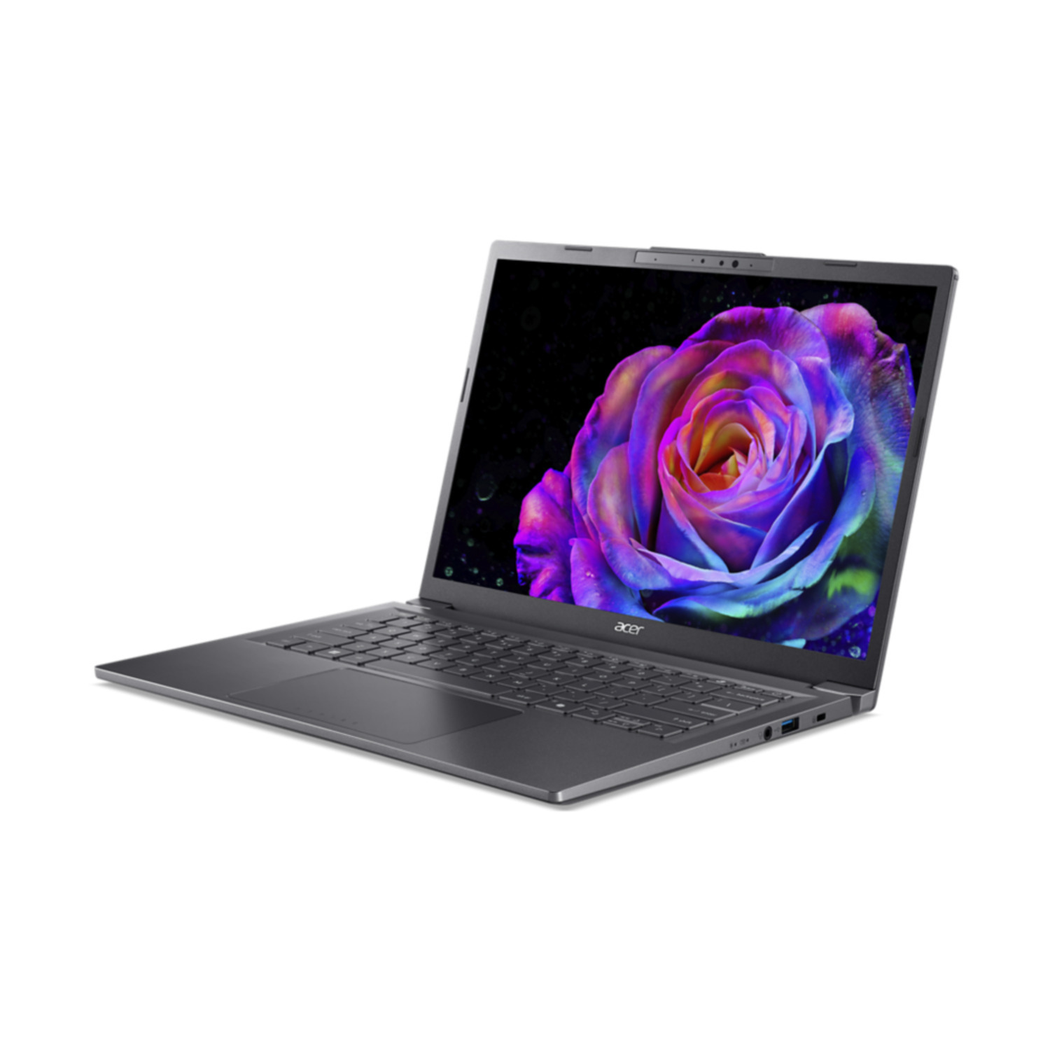A silver laptop displays a colorful rose on its screen. The laptop is open, showing its keyboard and trackpad. The background is white.