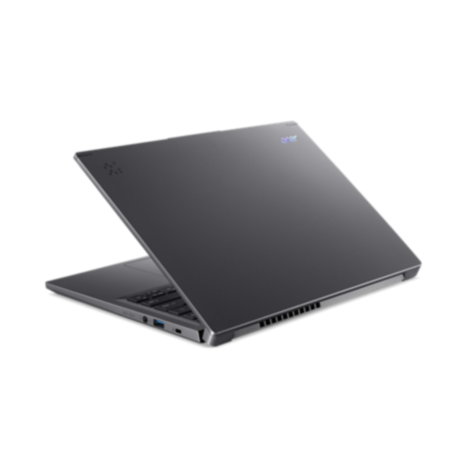 A dark gray Acer laptop is open. The screen is angled up, revealing the keyboard and ports on the side. White background.