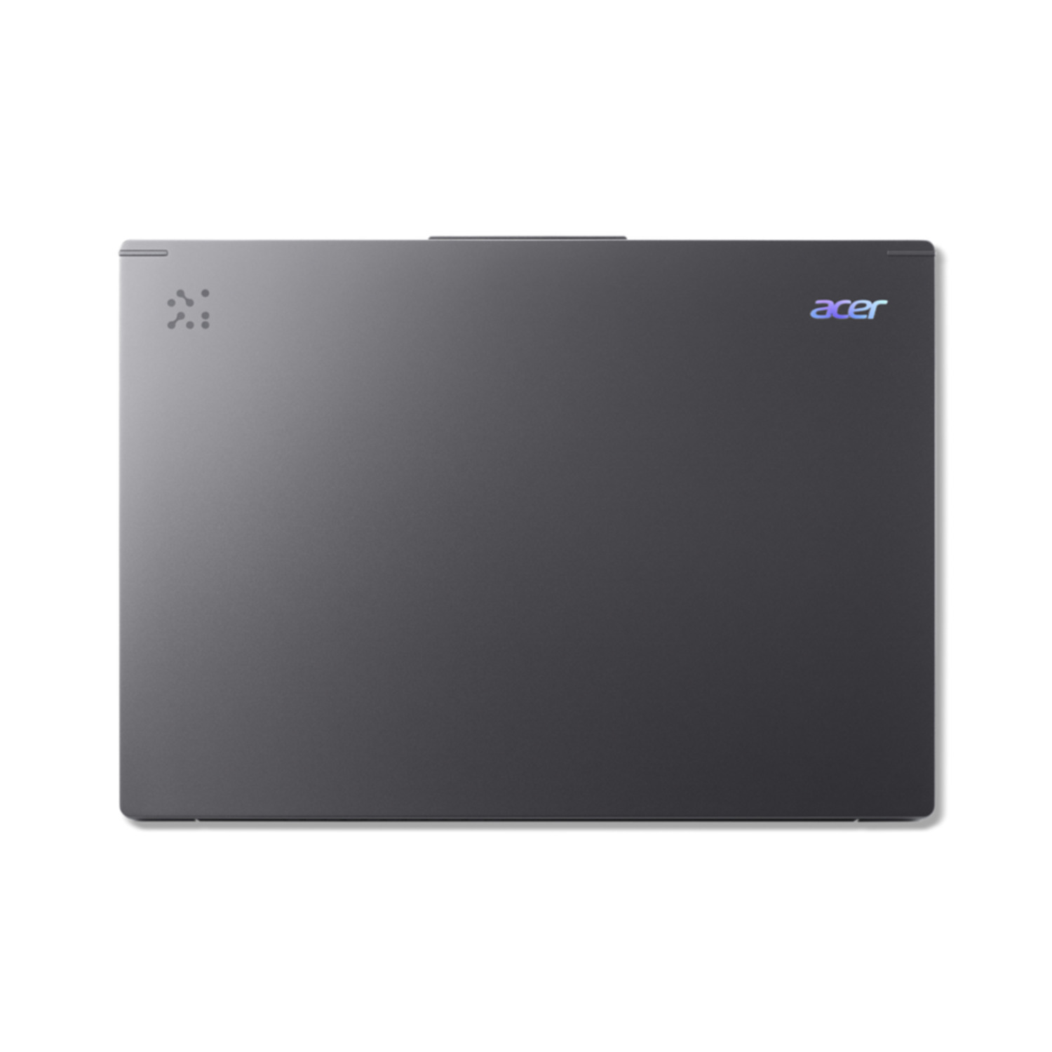 A dark gray laptop, top view, on a white background. The Acer logo is visible. A design of small dots is on the left.