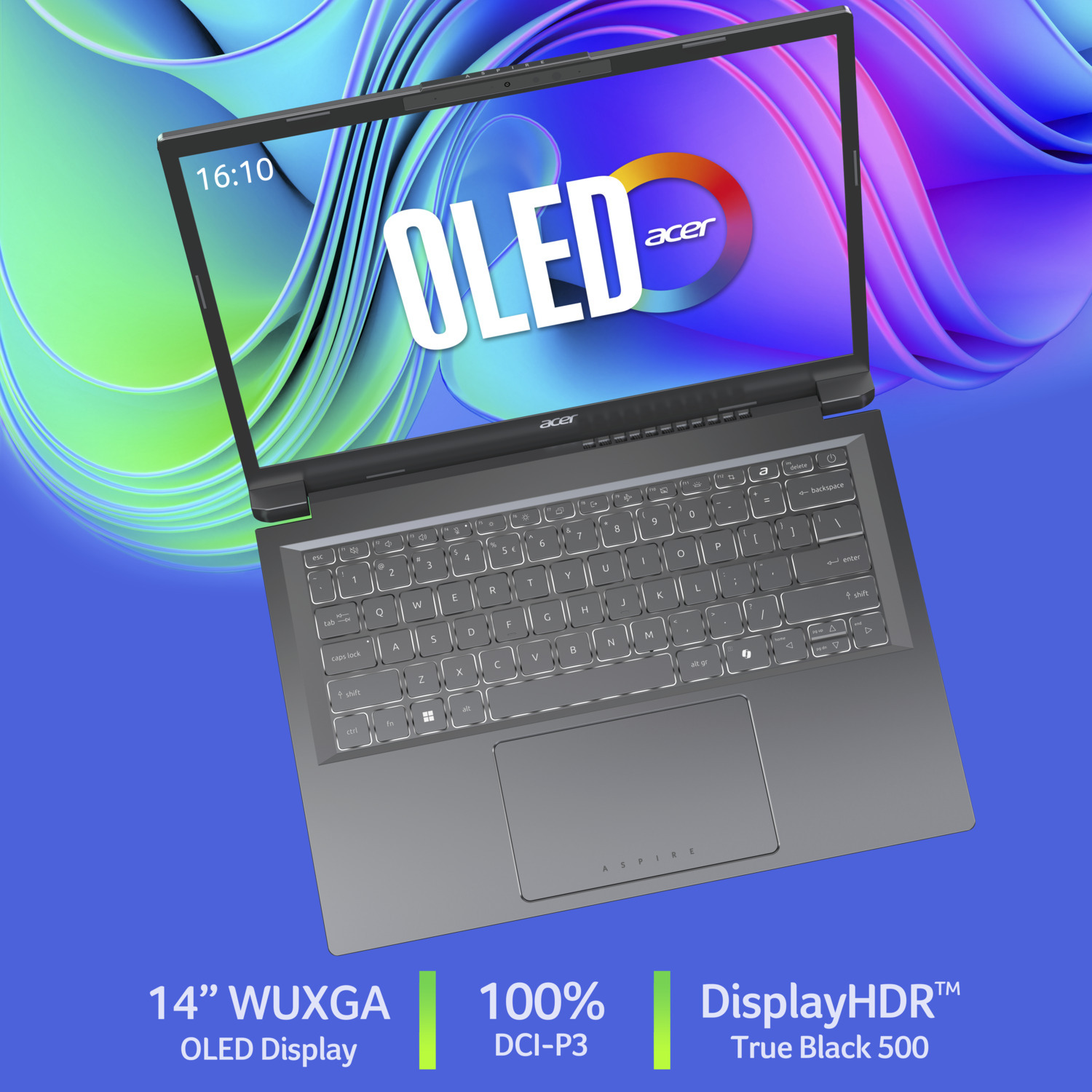 An open Acer laptop with an OLED display. The screen shows the word OLED. The keyboard and touchpad are visible. The background is blue.