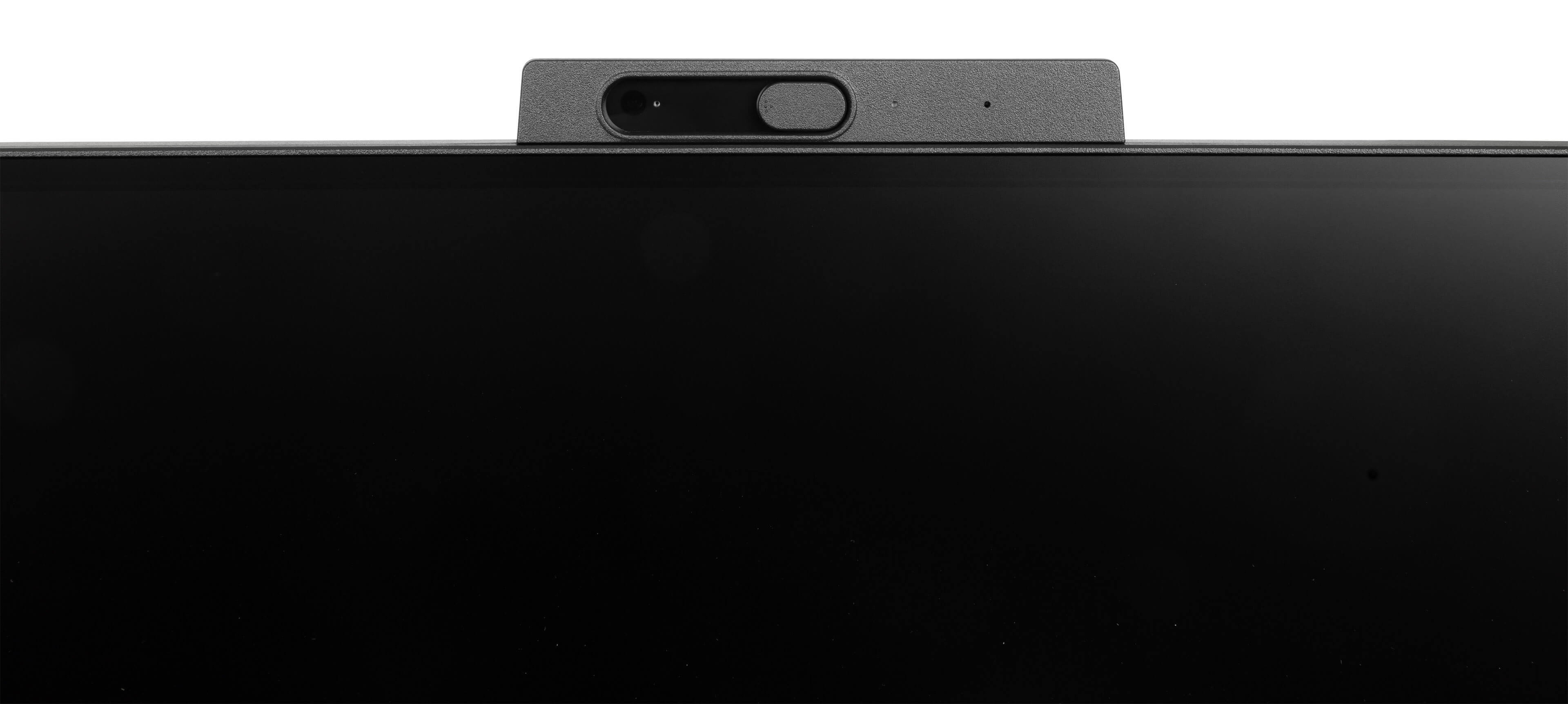 Zbliżenie monitora z kamerą internetową. Kamera jest ciemnoszara, ekran czarny. Białe tło.