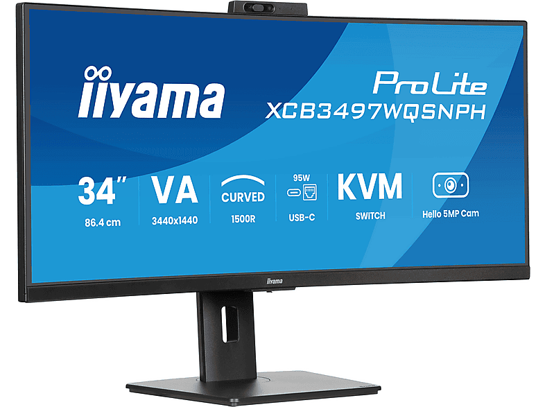 IIYAMA Monitor 34 cale XCB3497WQSNPH-B1,VA,UWQHD,1500R,USB-C Dock 95W, RJ45, KVM,2x5W, kamera 5MP, /5y/ – zdjęcie 2