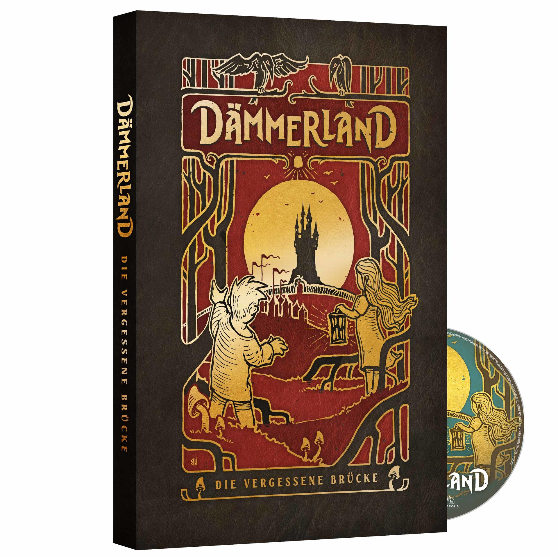 Buchcover mit Titel 'Dämmerland'. Kunstwerk zeigt Kinder, Schloss-Silhouette, Vollmond. Eine DVD liegt neben dem Buch.