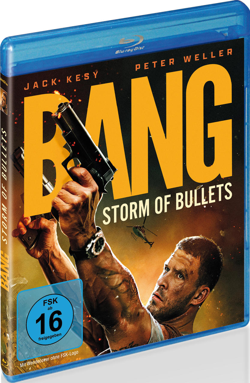 Blu-ray-Cover mit dem Titel 'BANG: Storm of Bullets'. Ein Mann hält eine Waffe, Flammen schlagen aus. Hubschrauber im Hintergrund.