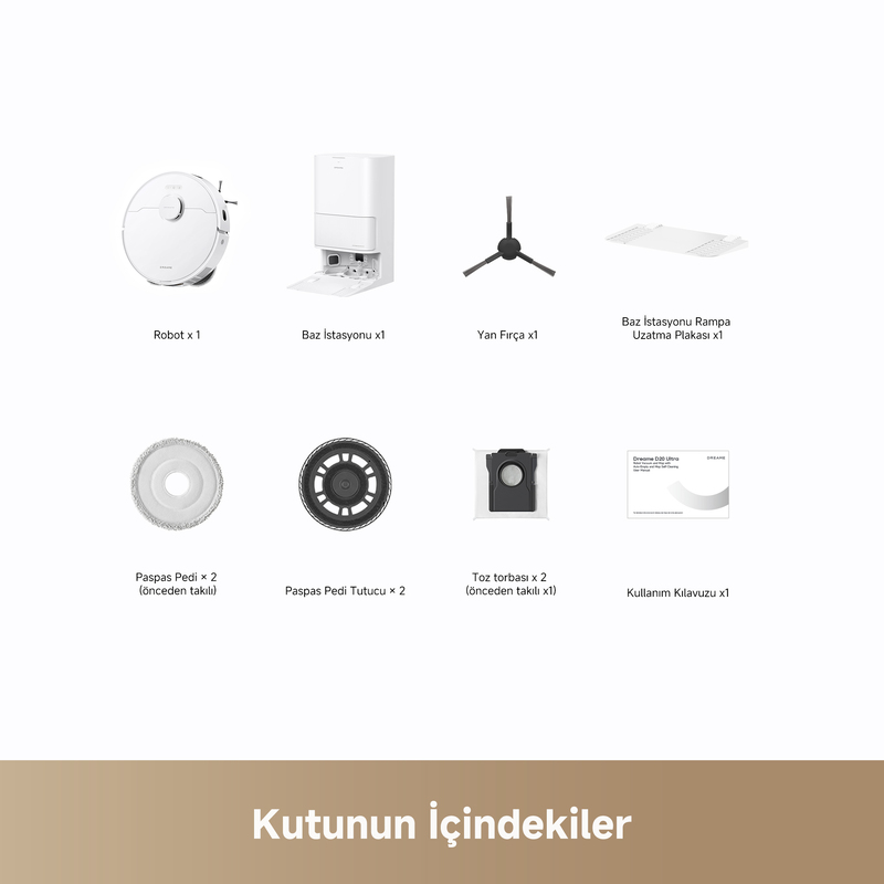 Görselde bir robot süpürgenin bileşenleri görülüyor: robot, ana istasyon, yan fırça, paspas pedleri, toz torbaları ve bir kullanım kılavuzu.