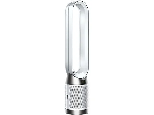 Un ventilador Dyson plateado y blanco sin aspas está de pie. El ventilador tiene una base cilíndrica y un amplificador de aire ovalado.