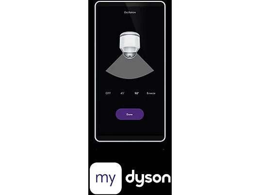 Una pantalla de teléfono muestra la interfaz del producto Dyson. Las opciones incluyen ajustes de oscilación y un botón 'Listo'. El logo Dyson está en la parte inferior.