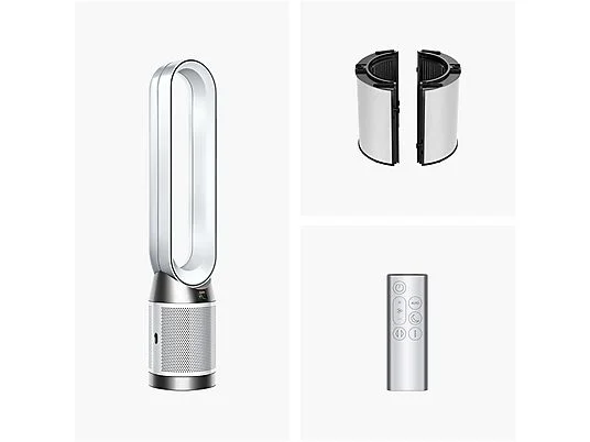 Un purificador de aire Dyson, filtro y mando a distancia. El purificador es blanco y plateado. El filtro es en dos partes. El mando es plateado.