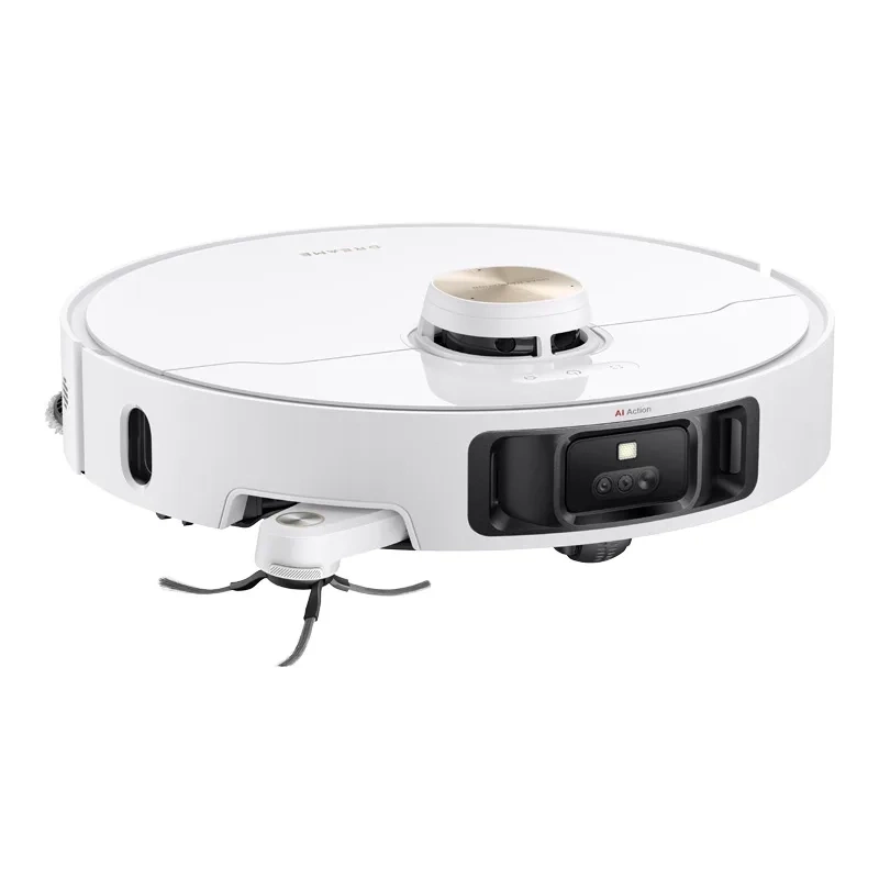 Egy fehér robotporszívó. Kerek teste van, fekete és arany részletekkel. Van rajta kefe és kamera.