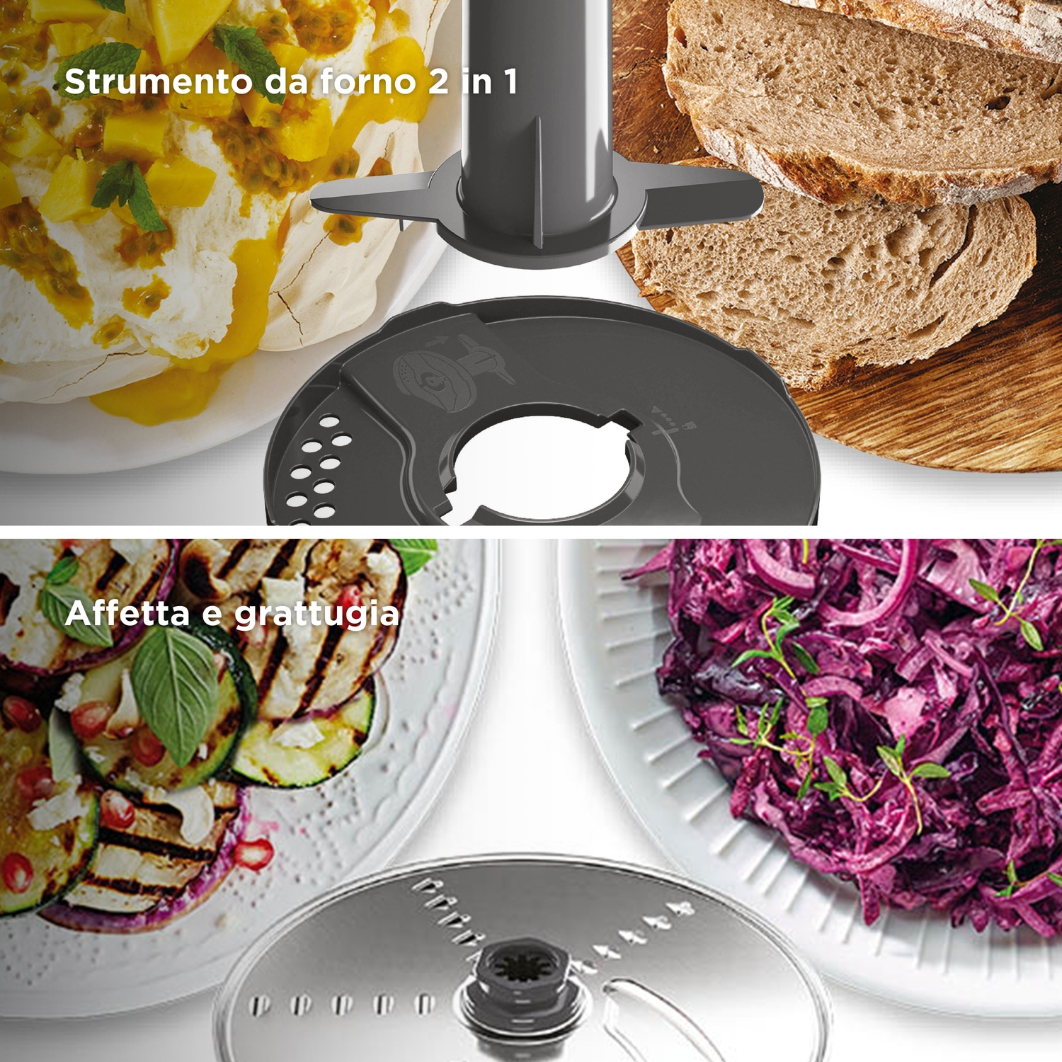 L'immagine mostra un robot da cucina con accessori. Il cibo è su piatti, tra cui pane, verdure grigliate e insalata di cavolo rosso.