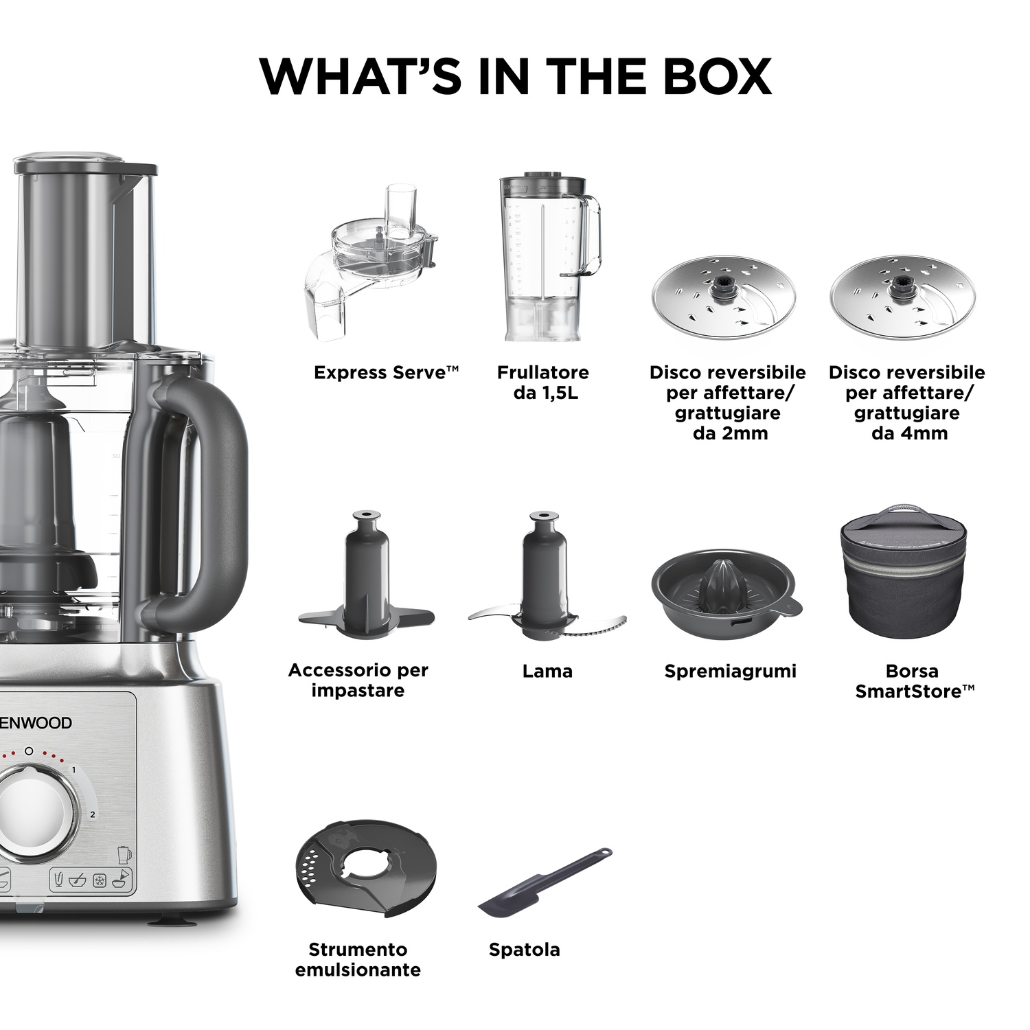 Un robot da cucina con accessori: lame, dischi, spremiagrumi, frullatore e una borsa portaoggetti sono mostrati. Il testo "What's in the box" è sopra.