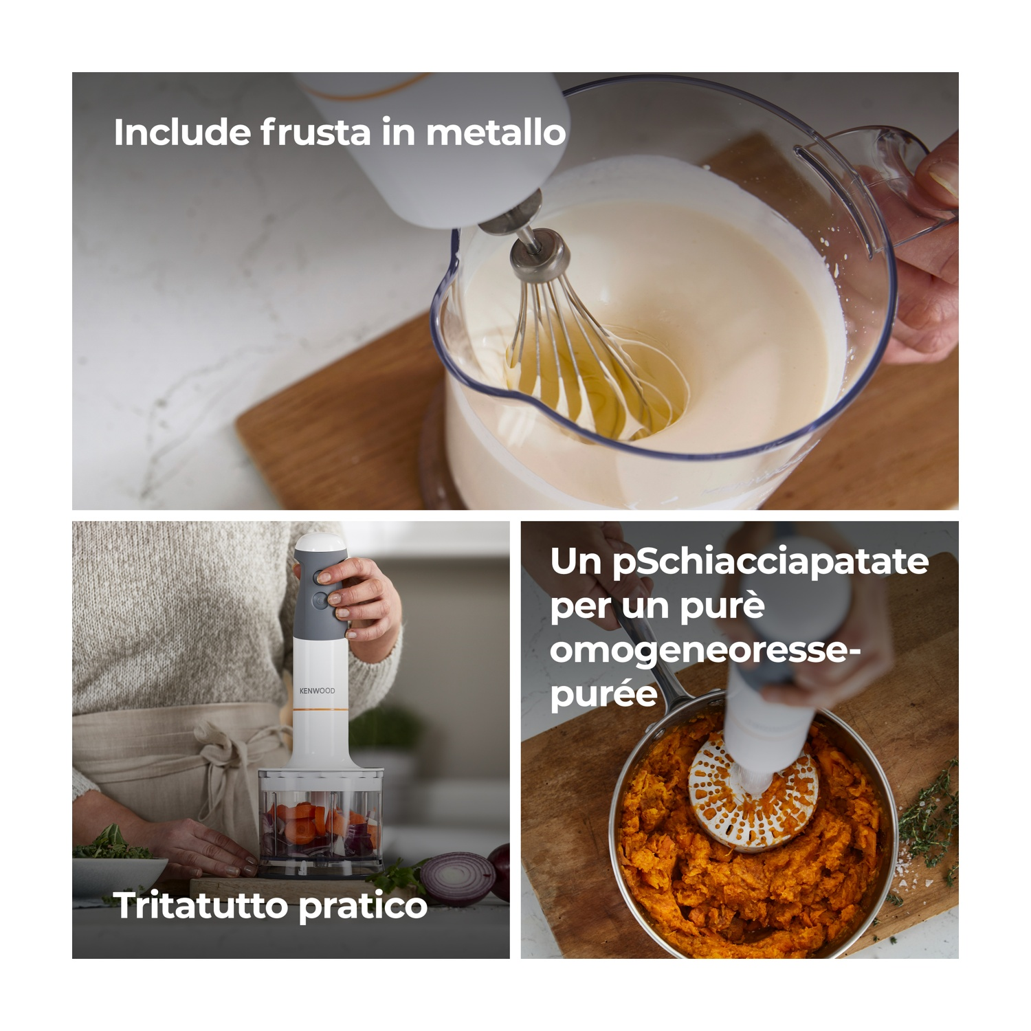 Un robot da cucina in azione. Le immagini mostrano panna montata, verdure tritate e purè di patate, con testo in italiano.