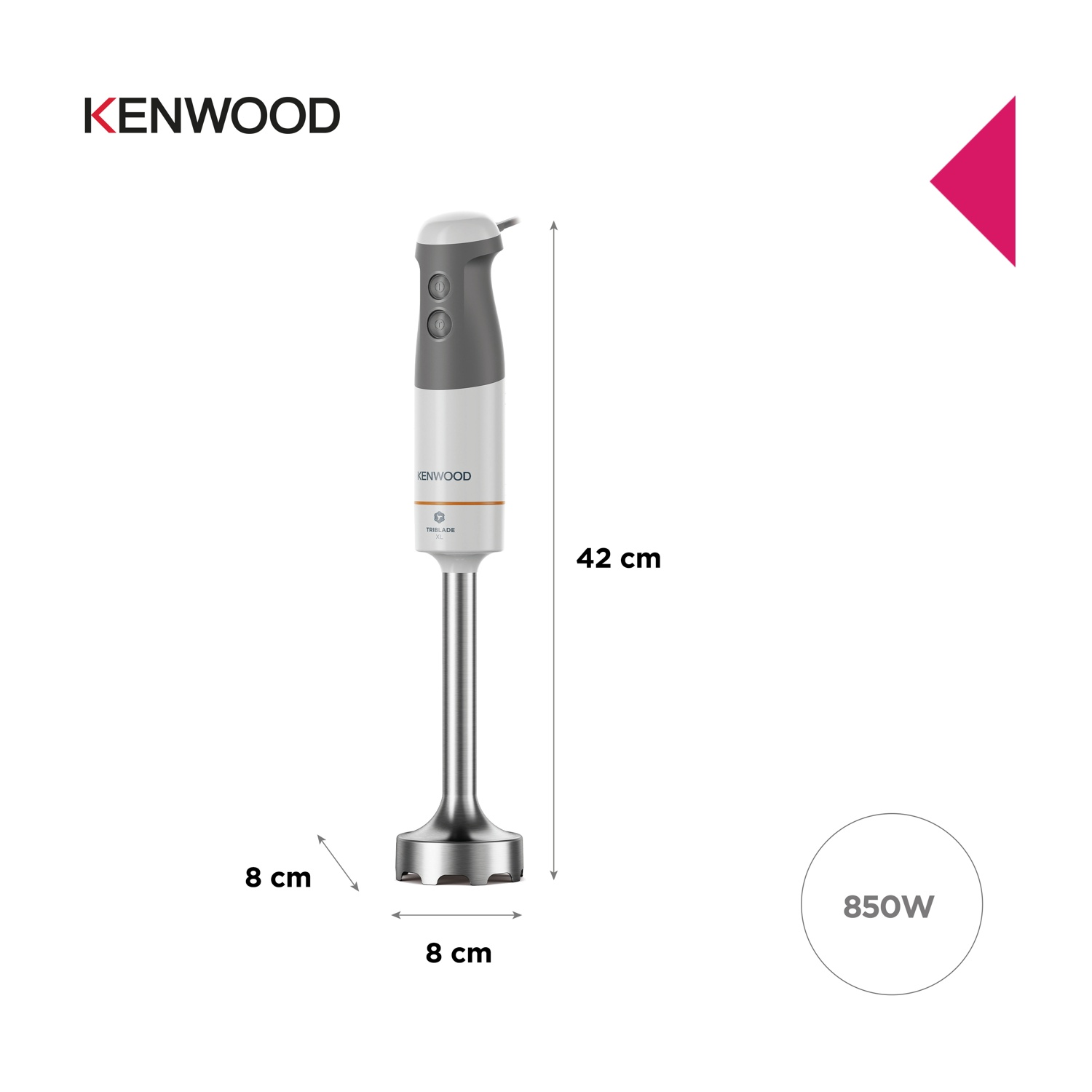 Un frullatore a immersione Kenwood Triblade XL, bianco e grigio. Dimensioni: 42 cm di altezza, 8 cm di larghezza. Caratteristiche: 850W.